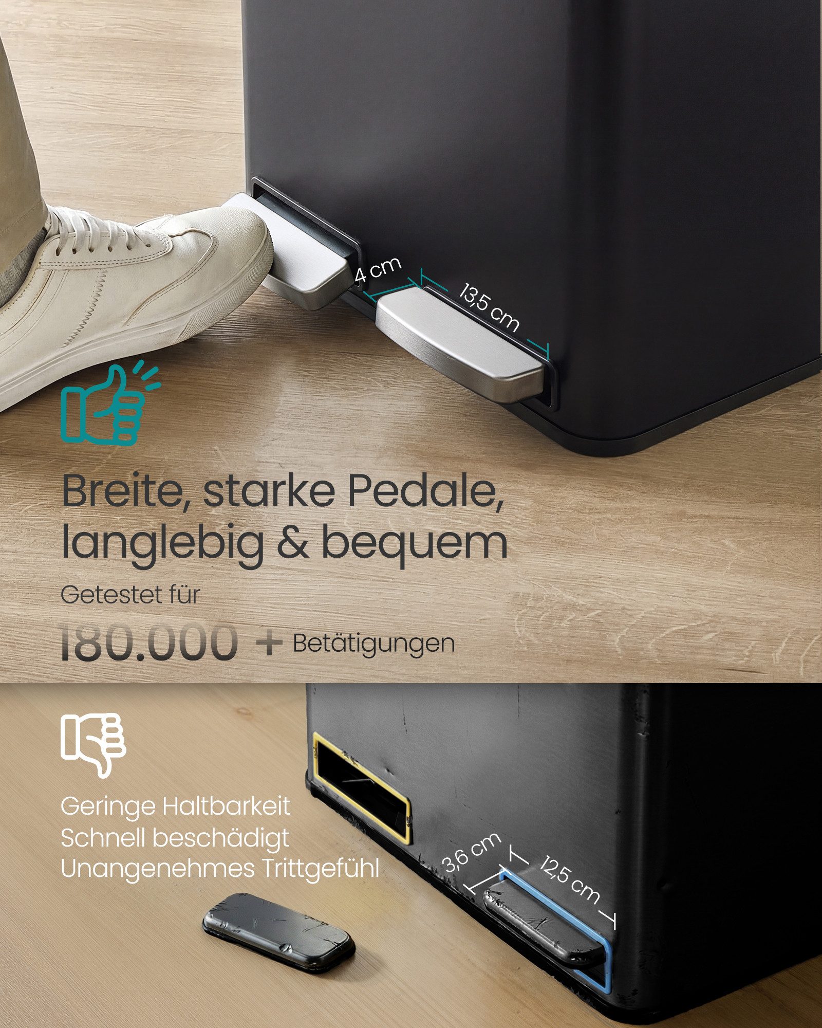 SONGMICS Mülleimer Abfalleimer 2 oder3 Fächer, Mülleimer 30L 54L 60L, Tretmülleimer Softclose-Deckel, herausnehmbare Inneneimer