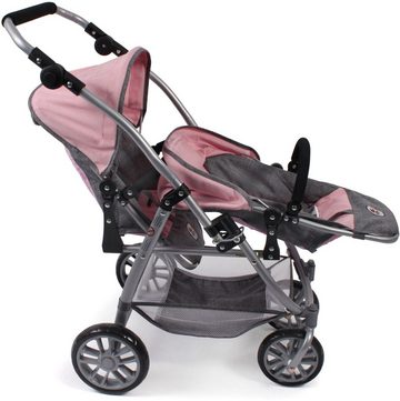 CHIC2000 Puppen-Zwillingsbuggy Vario, Grau-Rosa, mit schwenkbaren Vorderrädern