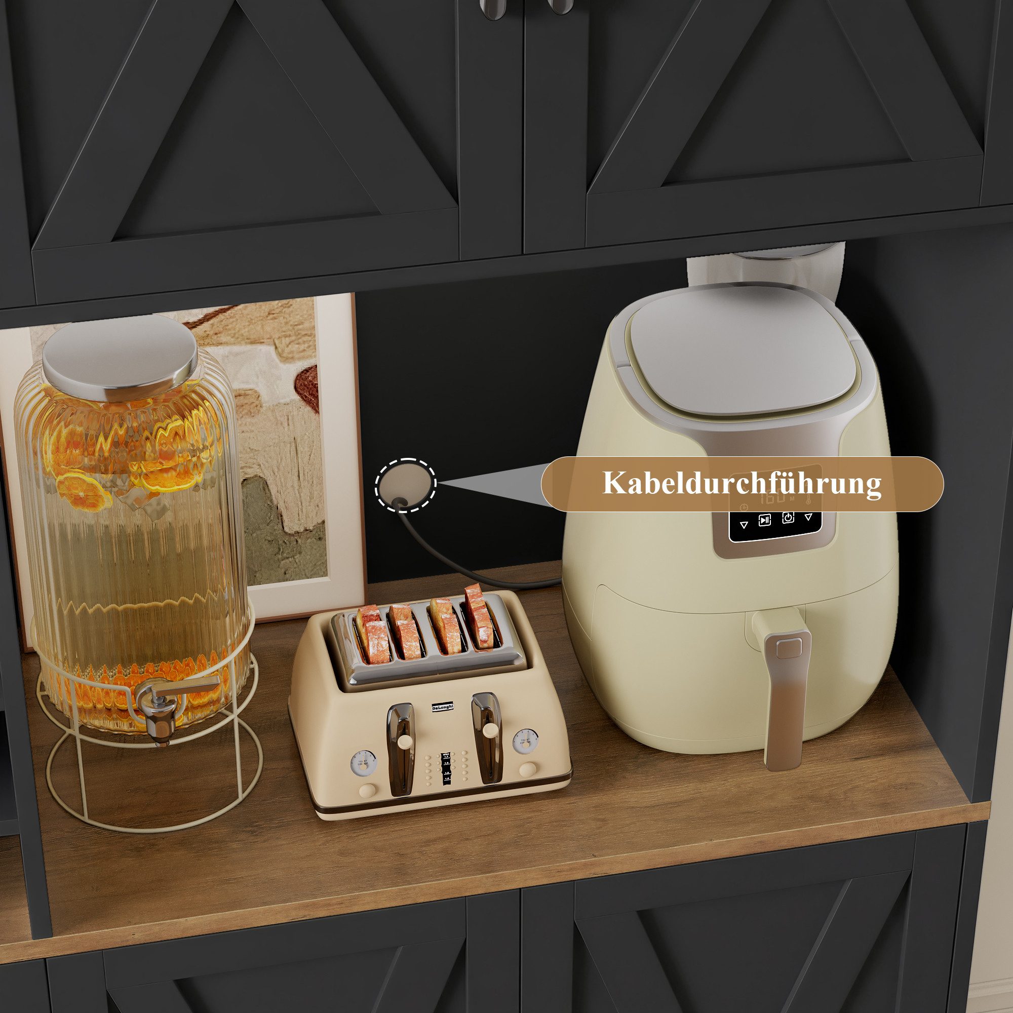 HOMECHO Küchenbuffet Küchenschrank mit Arbeitsplatte Buffetschrank mit 6 Türen Flaschenhalter und Glashalter 180x106x37cm