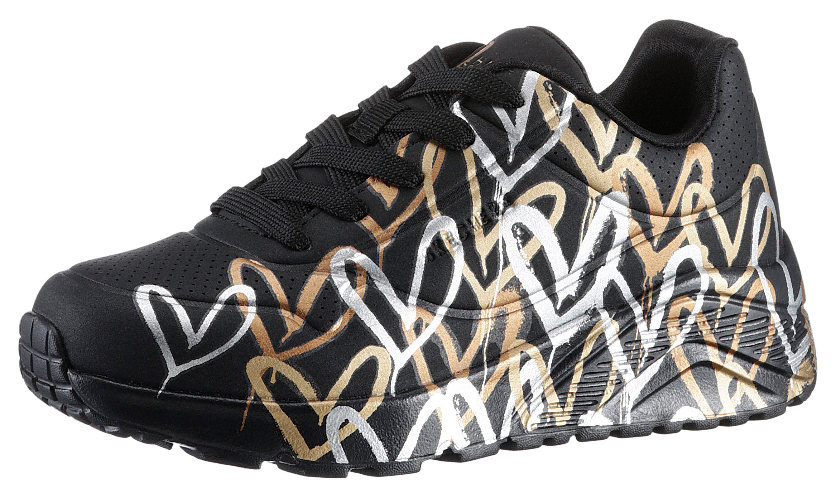 Skechers Skechers x JGoldcrown: Uno Lite - Metallic Love Plateausneaker, Schnürschuh, Keilsneaker mit Herzchen im Metallic Look bedruckt