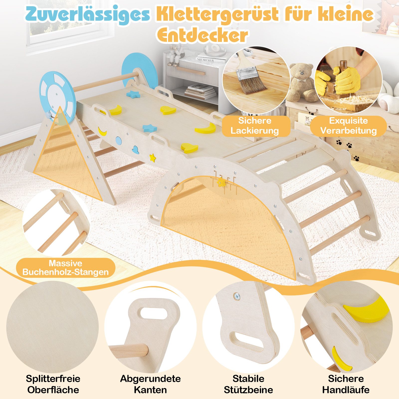 COSTWAY Klettergerüst, 7-in-1 Dreieck-Set mit Leiter & Bogen, Nautisch inspiriertes