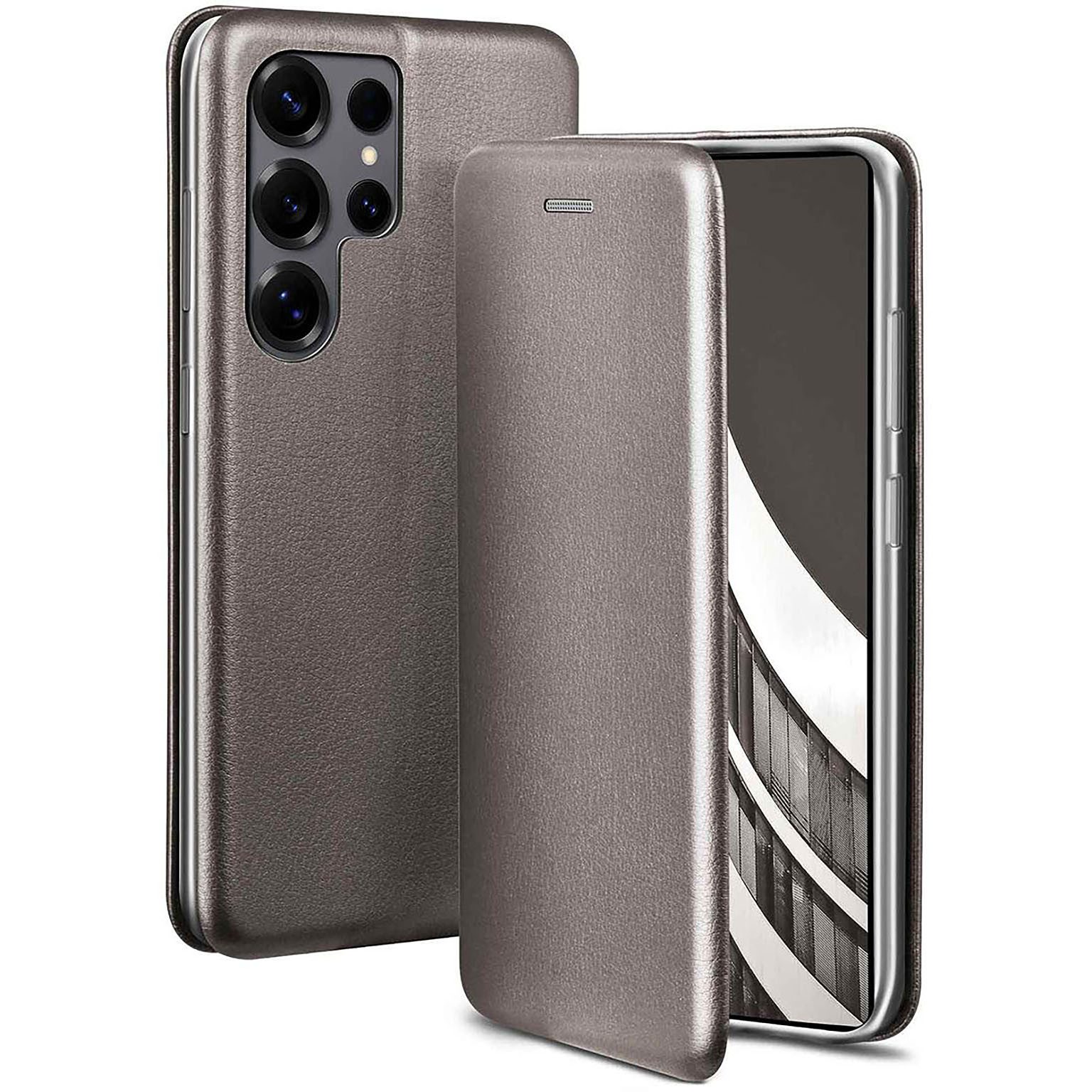 ONEFLOW Handyhülle für Samsung Galaxy S25 Ultra Premium Hülle Business Cover Grau 6,9 Zoll, 360 Grad Schutzhülle Flip Case Etui Klapphülle Dünn Leder Handy Tasche
