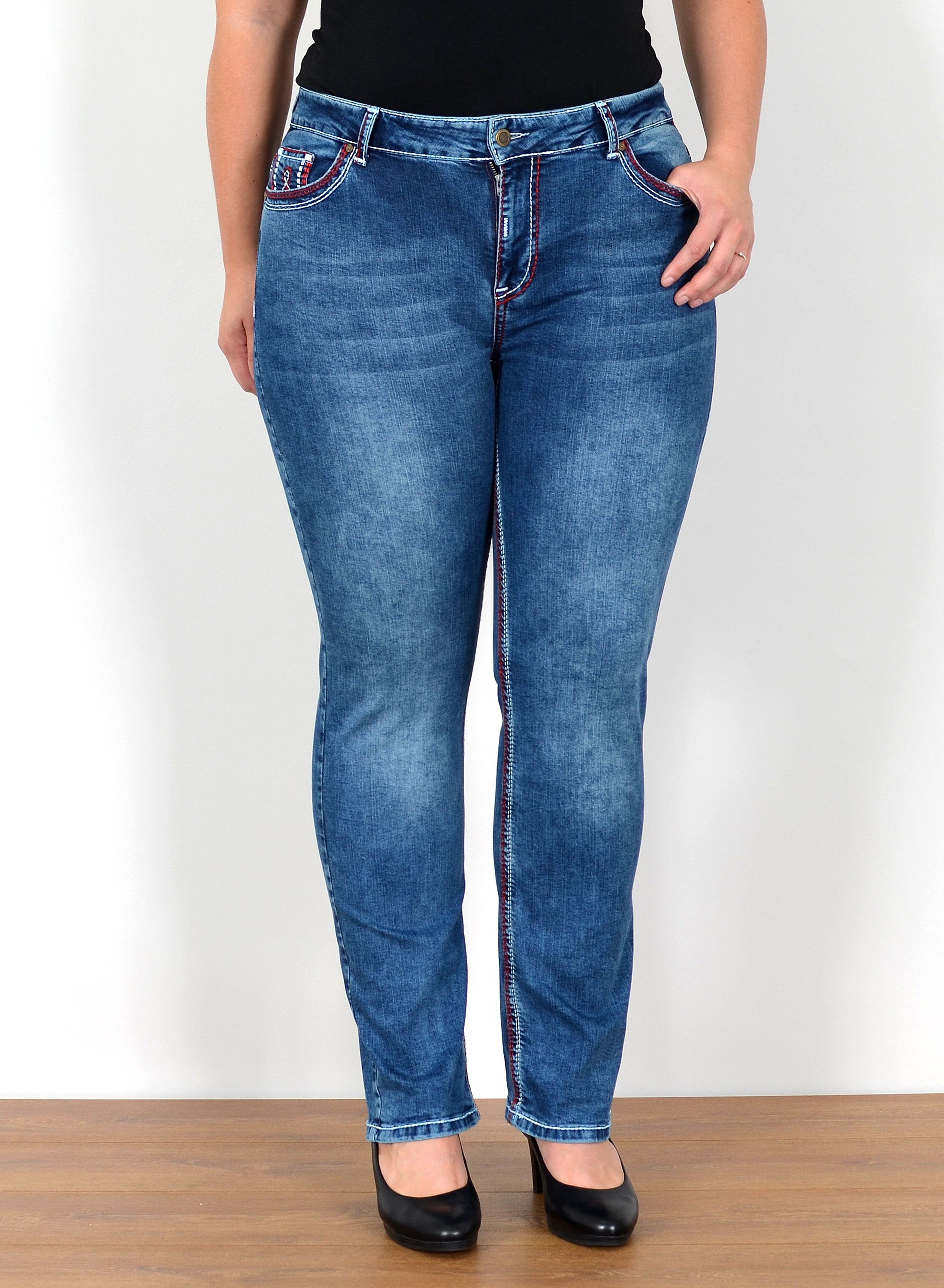 ESRA Straight-Jeans FG12 Straight Fit Jeans Damen High Waist Hose Kontrastnähte bis Plus Size