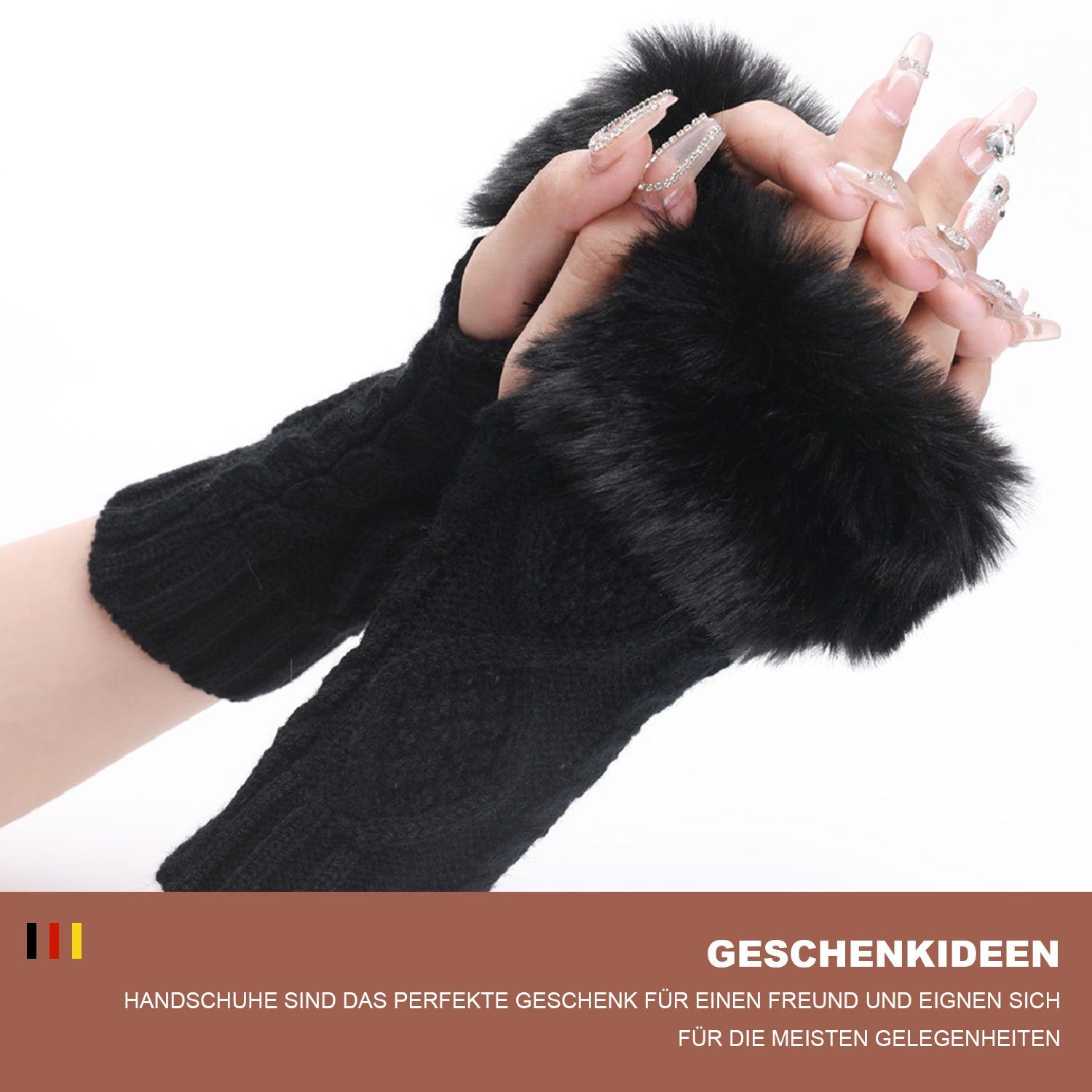 Kunstpelz MAGICSHE Damen Schwarz Strickhandschuhe Fingerlose Gestrickte Handschuhe