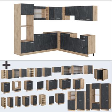 Livinity® Winkelküche R-Line, Schwarz Beton/Goldkraft Eiche, 237 x 247 cm ohne Arbeitsplatte