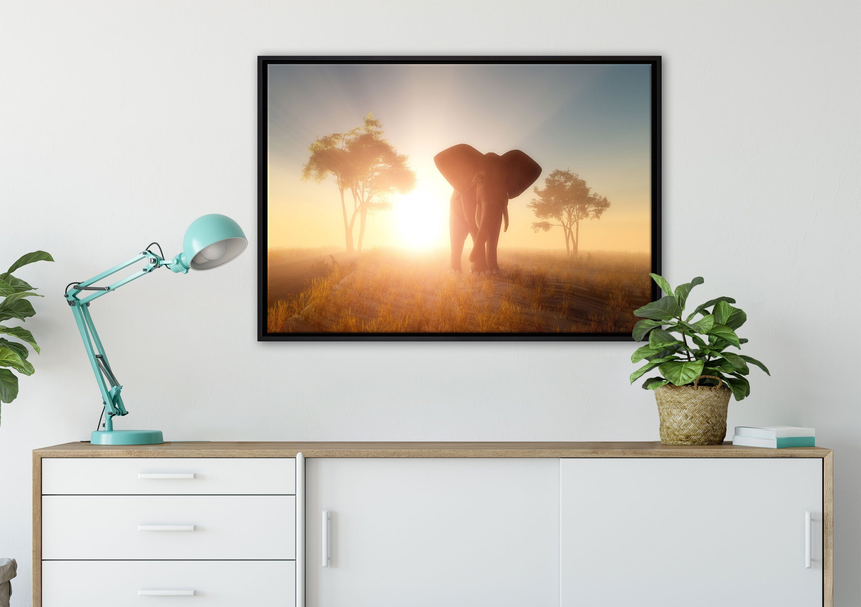 Zackenaufhänger (1 Schattenfugen-Bilderrahmen der Elefant gefasst, einem Pixxprint inkl. Leinwandbild Leinwandbild in Wüste, Wanddekoration in bespannt, St), fertig