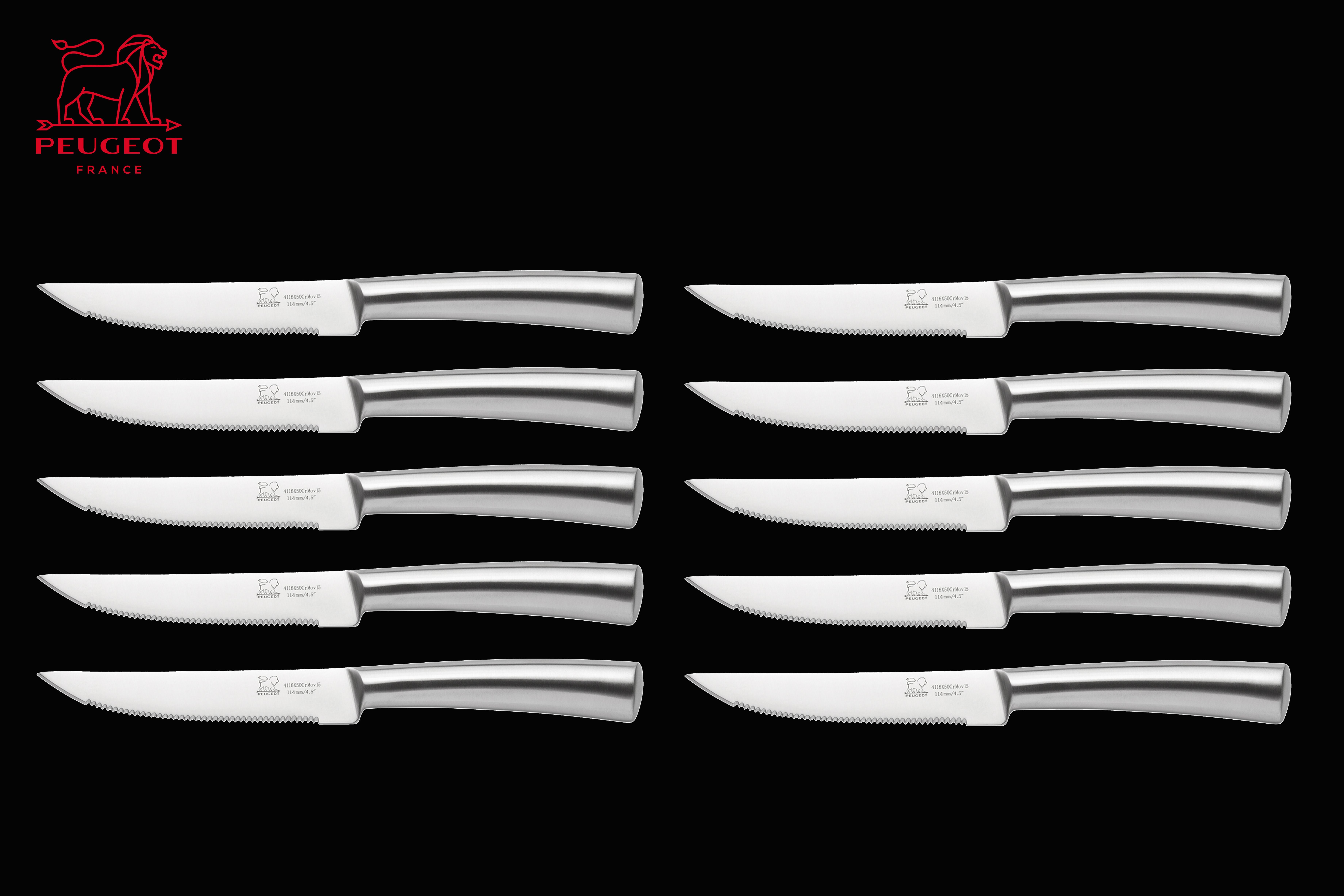PEUGEOT Steakmesser Steakmesser (10 Stück), Klinge: Chrom-Molybdän-Vanadium-Stahl, Griff: Edelstahl