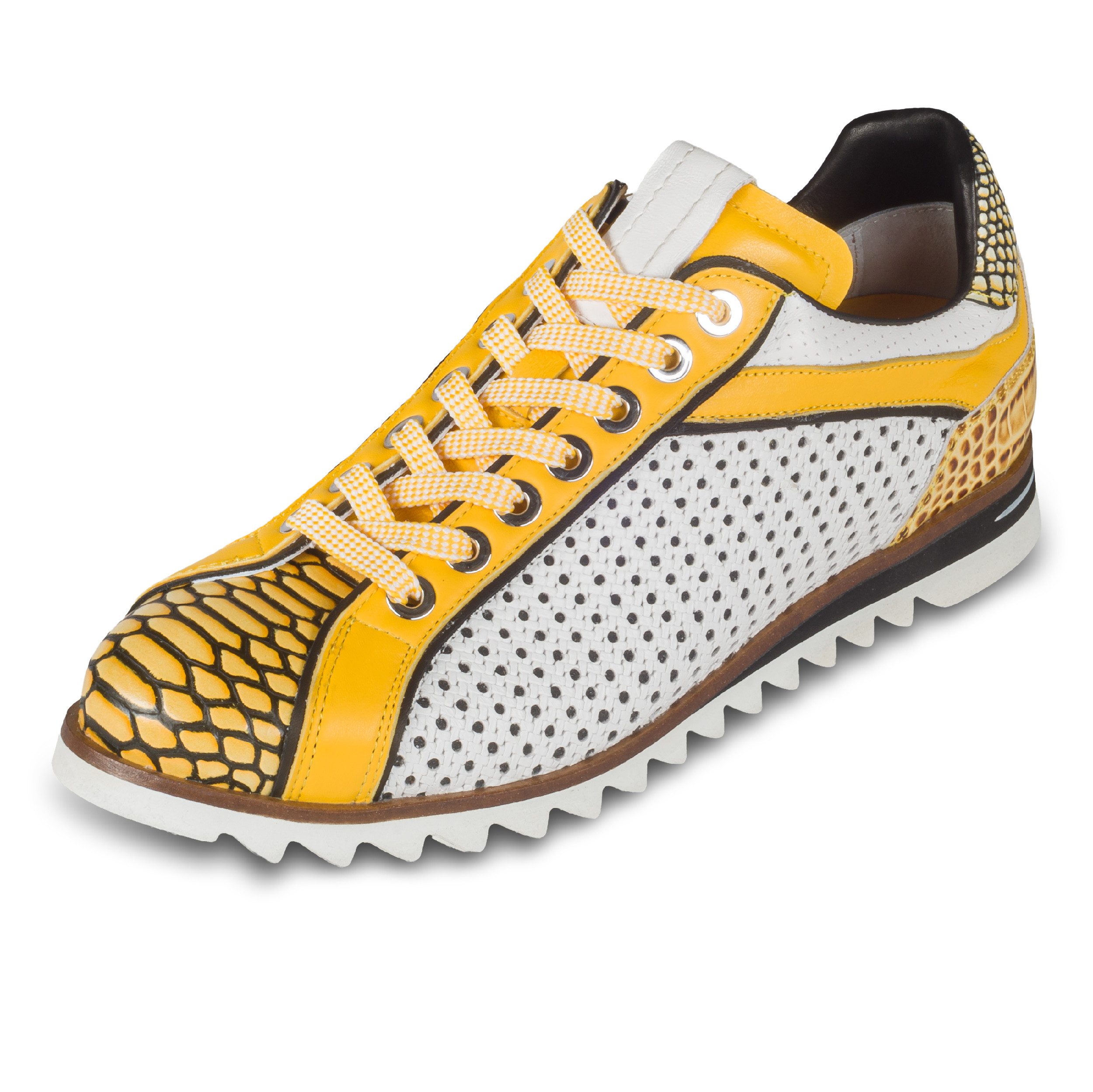Lorenzi Leder Sneaker Herren, weiß/gelb mit Reptilprägung & Perforierung Sneaker Handgefertigt in Italien