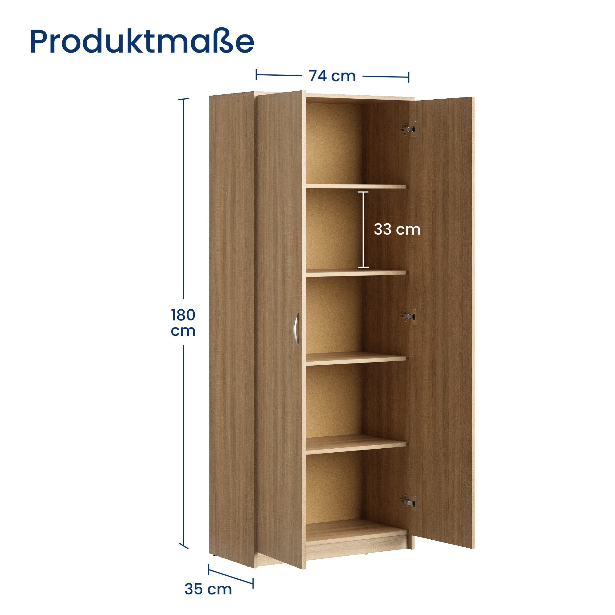 Home Collective Mehrzweckschrank Schrank Aktenschrank Hochschrank Mehrzweckschrank 2-türig 5 Fächer (74 cm breit aus Laminatplatte und hochwertigen Polymergriffen) robust & vielseitig viel Stauraum 74x35x180 (BxTxH) sonoma