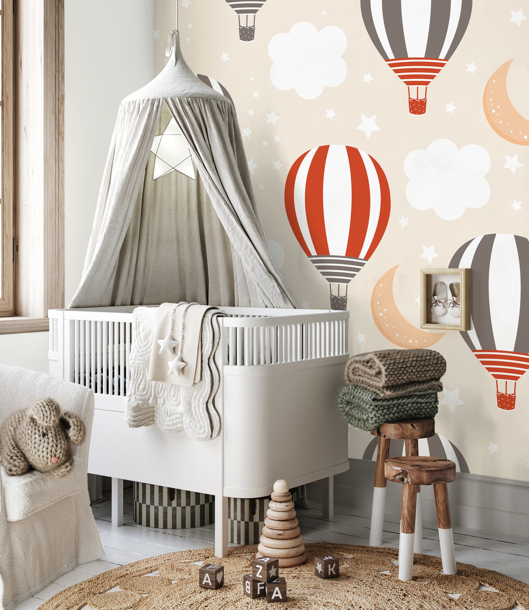 living walls Vliestapete LIMITED – Heißluftballons Fototapete, leicht strukturiert, minimalistisch, Motiv, Comic, (3 St), Verspielte Heißluftballons als großformatiges Kinderzimmermotiv