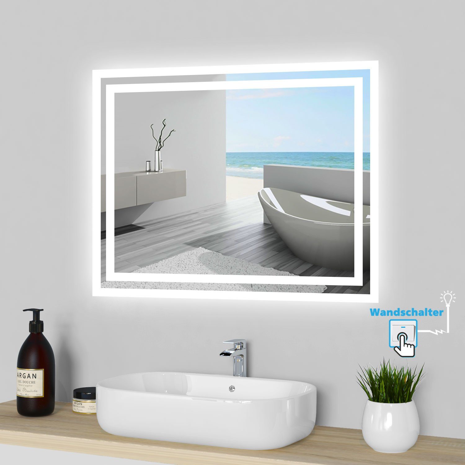 Wandschalter+Beschlagfrei 60x50 160x80 Beleuchtung mit Badspiegel bis LED cm, Spiegel cm duschspa