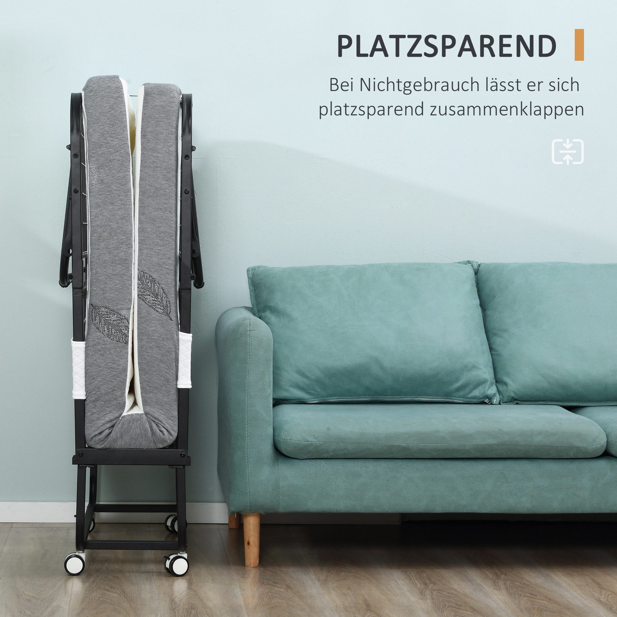 HOMCOM Gästebett Klappbett 90x200 cm mit 10cm Dicker Schaumstoff Einzelbett (Reisebett, 1-St., Feldbett mit Stahlrahmen) mit Rollen bis 150 kg belastbar – Bild 5 von 5