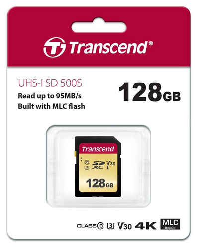 Transcend SDXC Karte 128GB Speicherkarte 500S UHS-I U3 4K V30 Class 10 Speicherkarte
