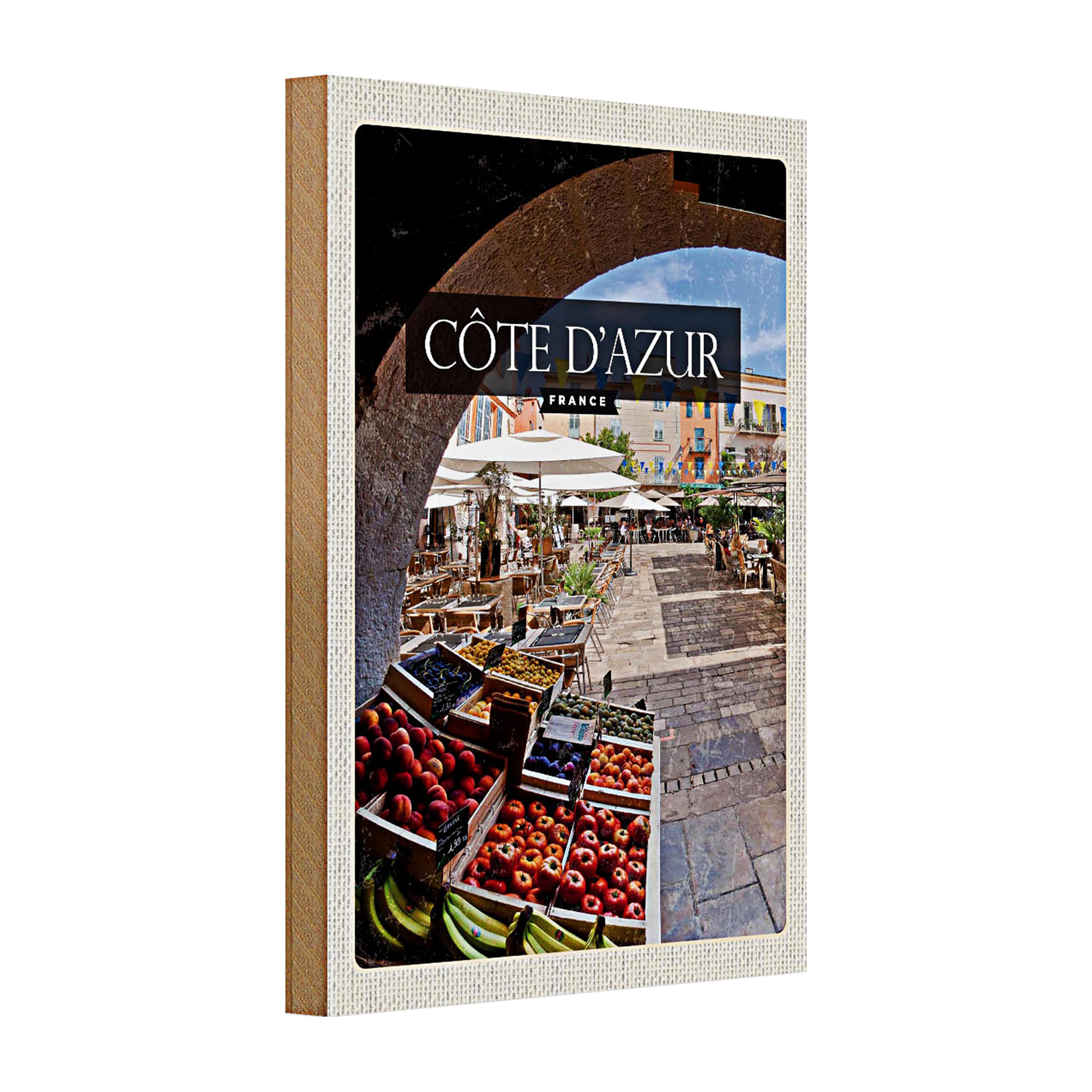 Roomando Holzbild Holzschild Reise 20x30cm Cote d'azur France Obstmarkt Cafe