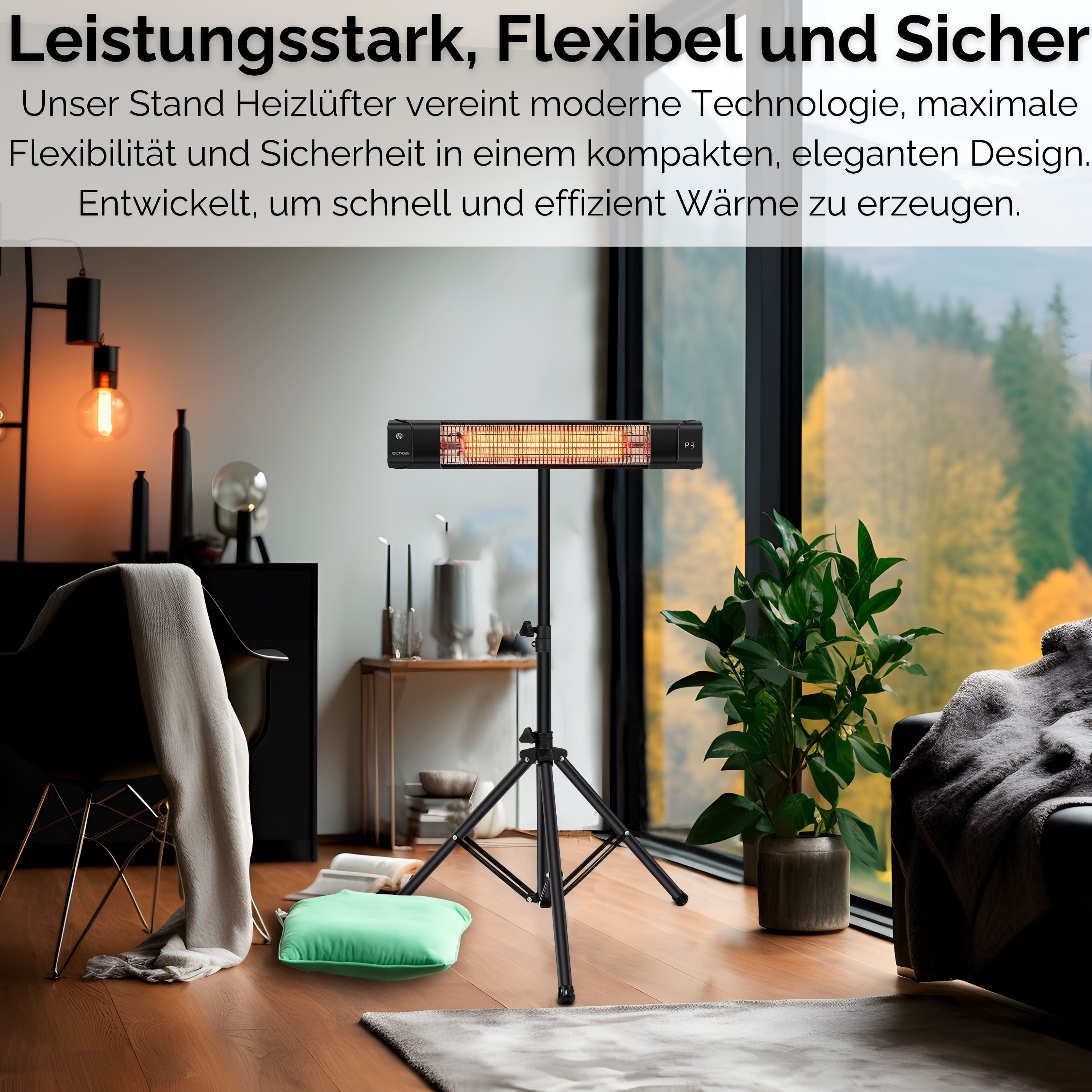 echos Heizstrahler Eco-3507, 1500 W, 3 Leistungsstufen,12h Timer,Fernbedienung,Tripod Ständer