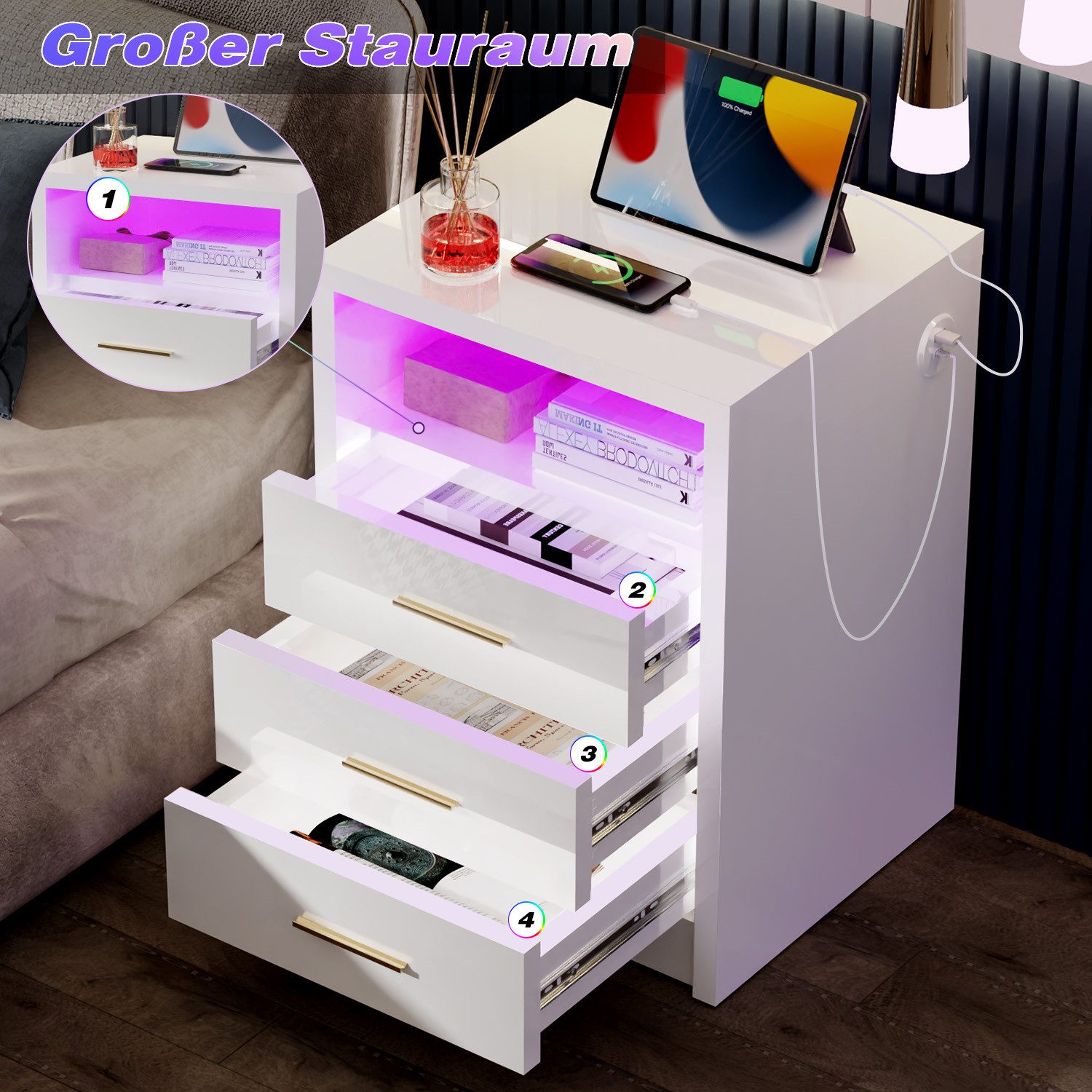 oyajia Nachttisch Nachtschrank mit 2/3 Schubladen, Beistelltisch mit Ladestation und LED (1-st RGB Nachttisch mit Schubladen und Ladestation), Nachttisch mit Sc – Bild 5 von 5