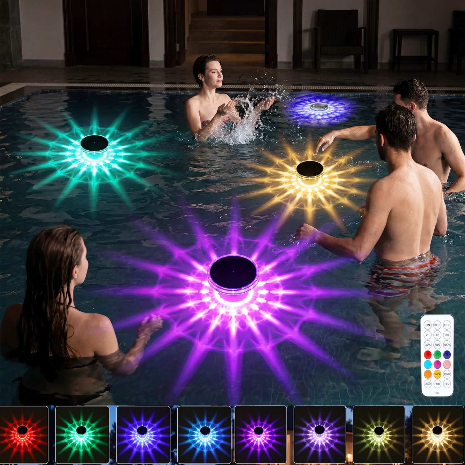 oyajia Pool-Lampe Schwimmende Poolbeleuchtung, RGB Solar Poollicht mit Fernbedienung, 4er Set, LED fest integriert, RGB, IP68 Wasserdicht Unterwasser Licht für Pool, Whirlpool, Teich, Garten