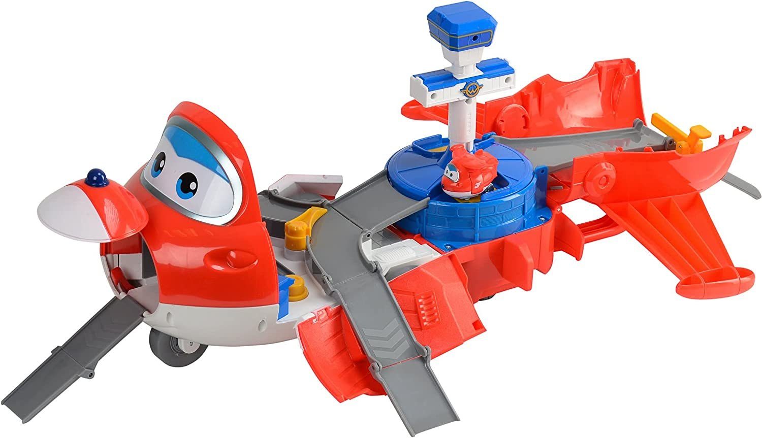 Super Wings Spielzeug-Flugzeug Super Wings Jett's Take-off Tower Spielset,  wird aufgeklappt zum Flughafen (incl. Mini Flugzeug Jett)
