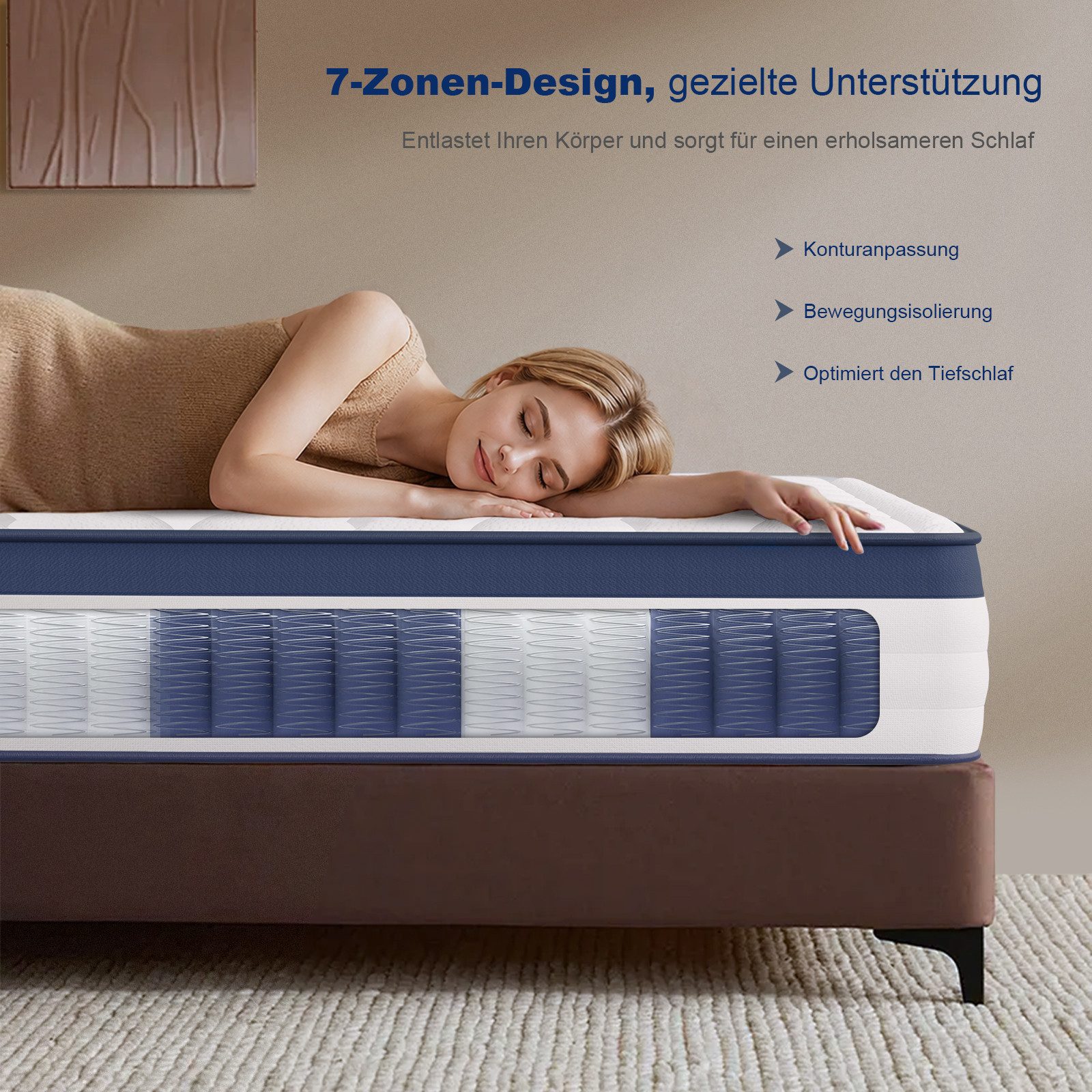Taschenfederkernmatratze 25 cm Luxus Matratze, 7 Zonen Ergonomische Federkernmatratze H3-Härte, ROYGBIV, 25 cm hoch, (1), Oeko-TEX Zertifiziert, Rückenentlastun – Bild 5 von 5