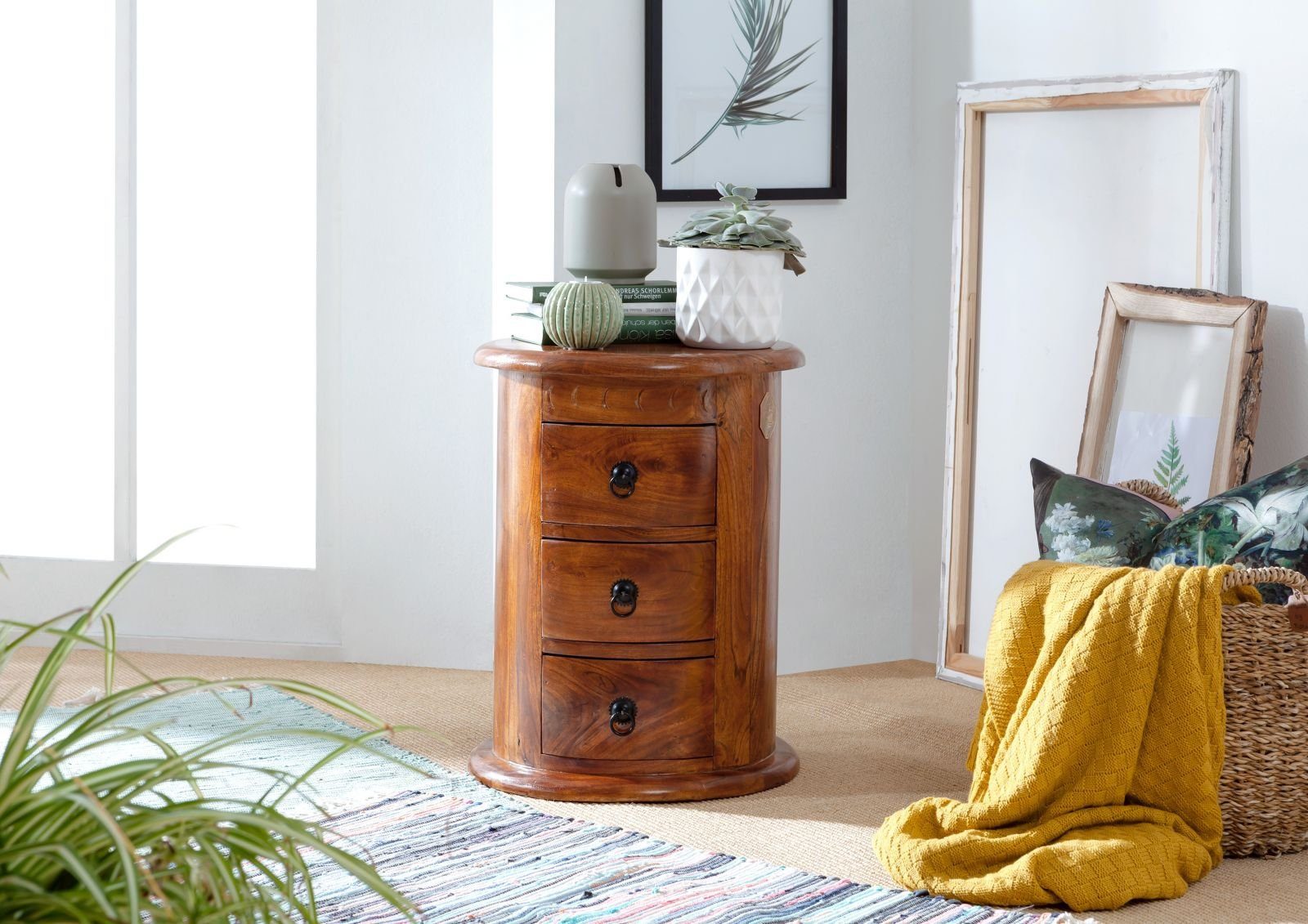 Massivmoebel24 Nachttisch Nachttisch rund Akazie 42x42x55 honig lackiert OX günstig online kaufen