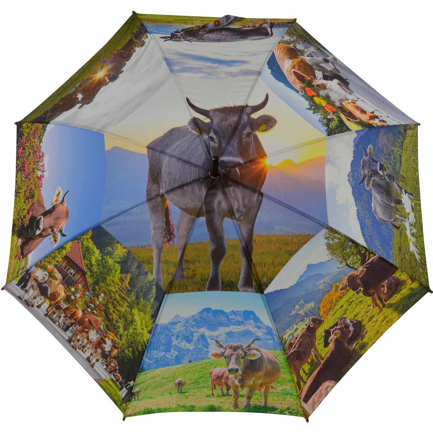 HAPPY RAIN Stockregenschirm großer Regenschirm mit Handöffner für Damen, mit Holzgriff und Alpenkuh-Motiv