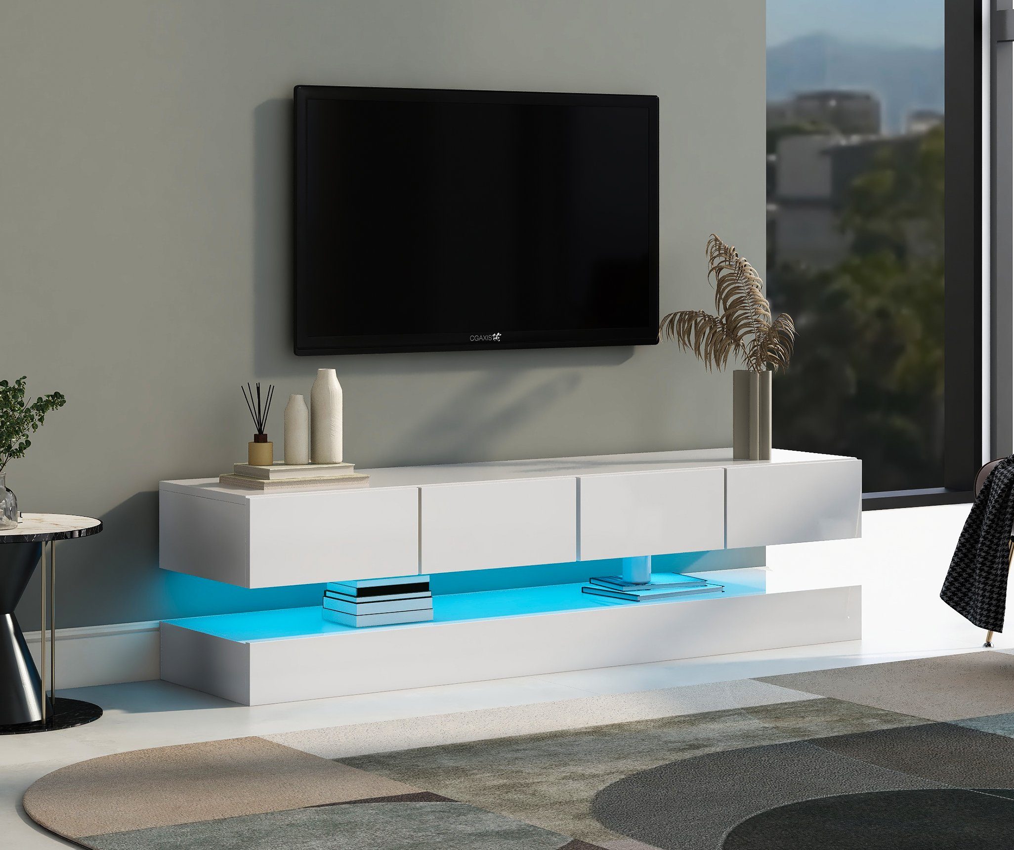 Merax Lowboard mit LED-Beleuchtung und USB-Anschluss (2 St), TV-Ständer TV -Schrank mit offenen Fächern und 4 Schubladen