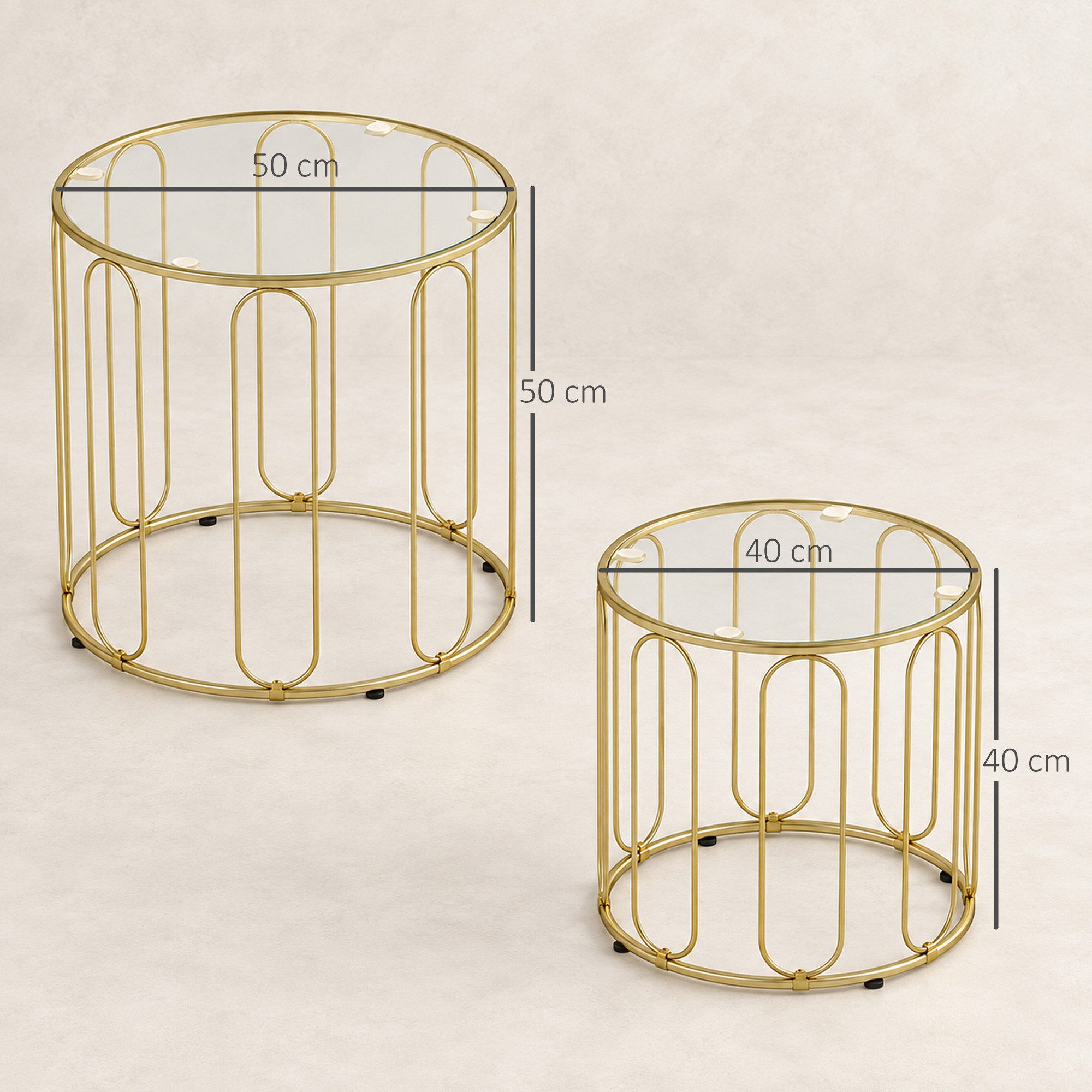HOMCOM Couchtisch Beistelltisch Set Sofatisch mit geometrischem Metallrahmen, Glasplatte (Wohnzimmertisch, 2-St., Kaffeetisch), für Wohnzimmer, Gold – Bild 3 von 5