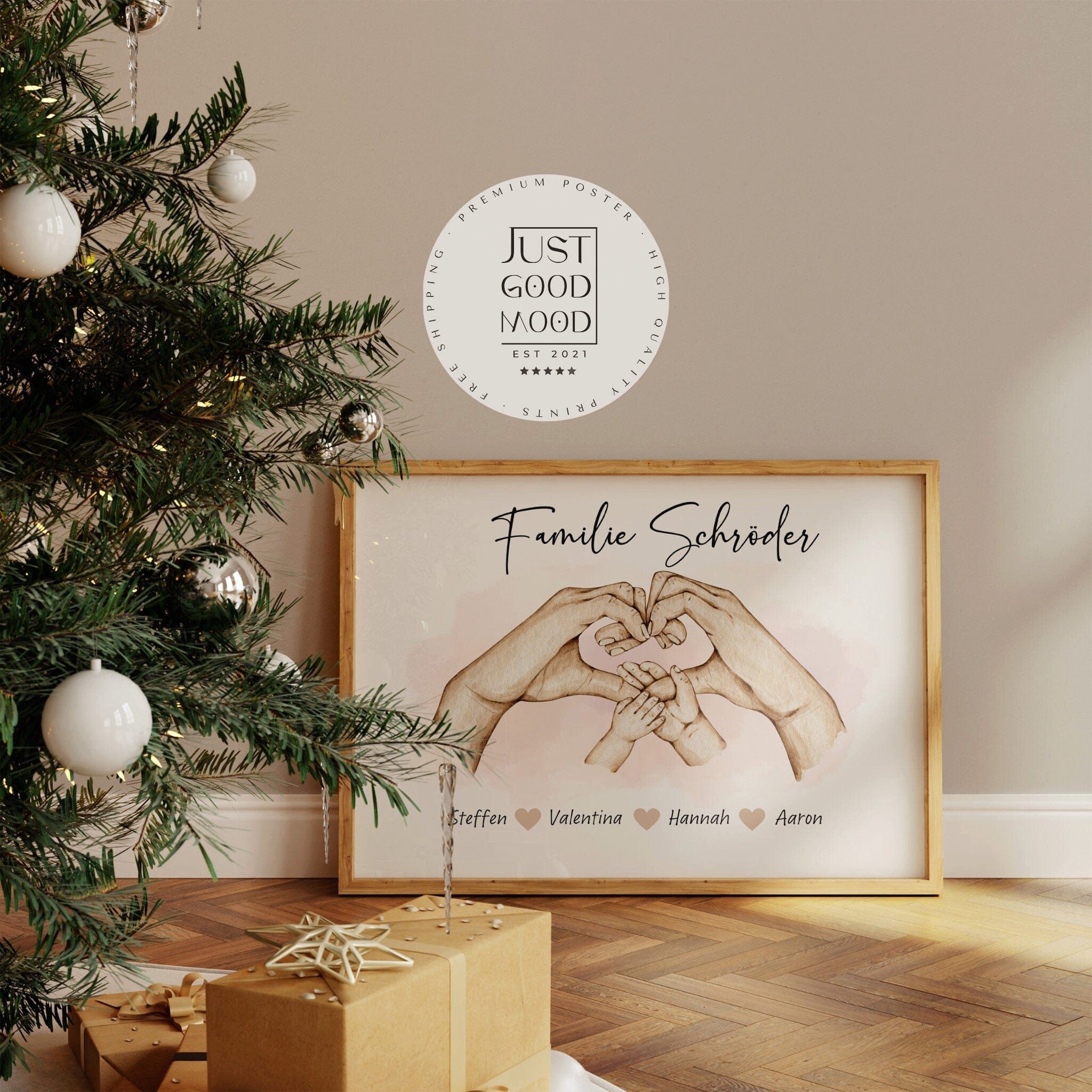 JUSTGOODMOOD Poster Familien Personalisiert Geschenkidee Personalisierte Namen Herz Verbun, Eltern + 2 Kinder (1 St)