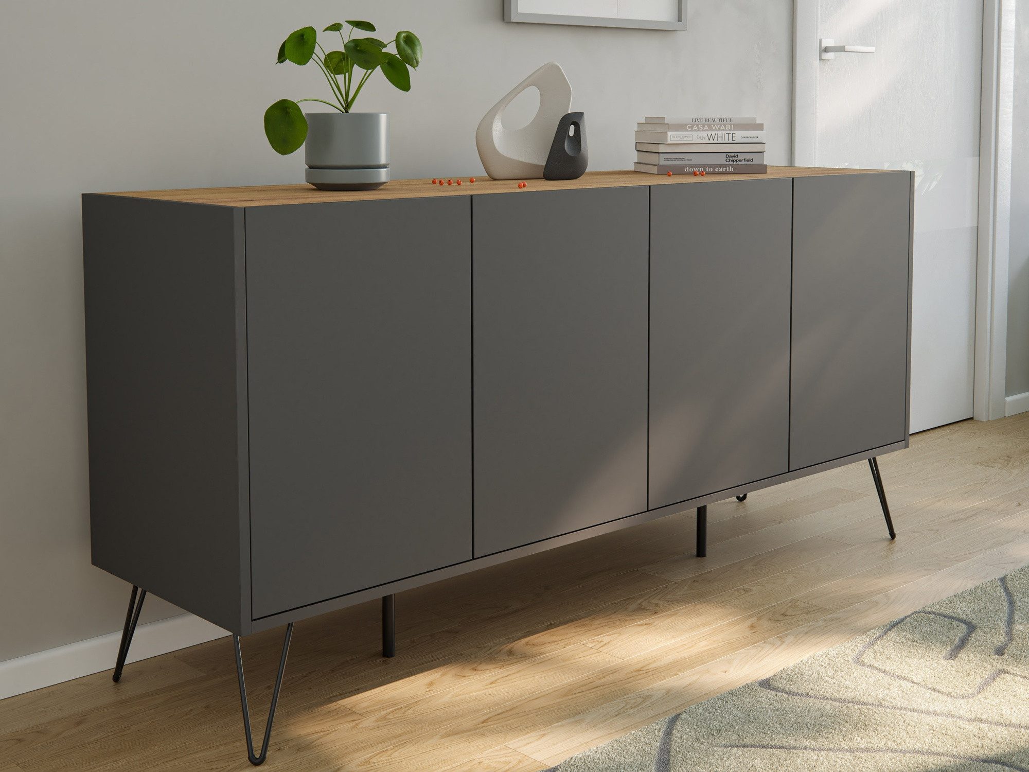 Magnolia Home Kommode Kommode Maxim 155cm stehend 4 Türen Grafit/Eiche Top