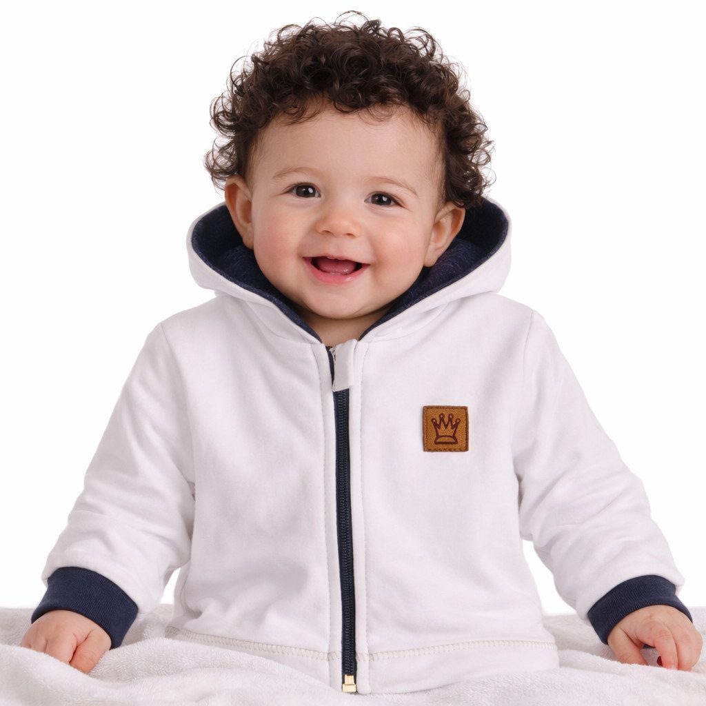 Sweatjacke Baby Jacke mit Kapuze Stoffjacke in Weiß Blau mit Krone