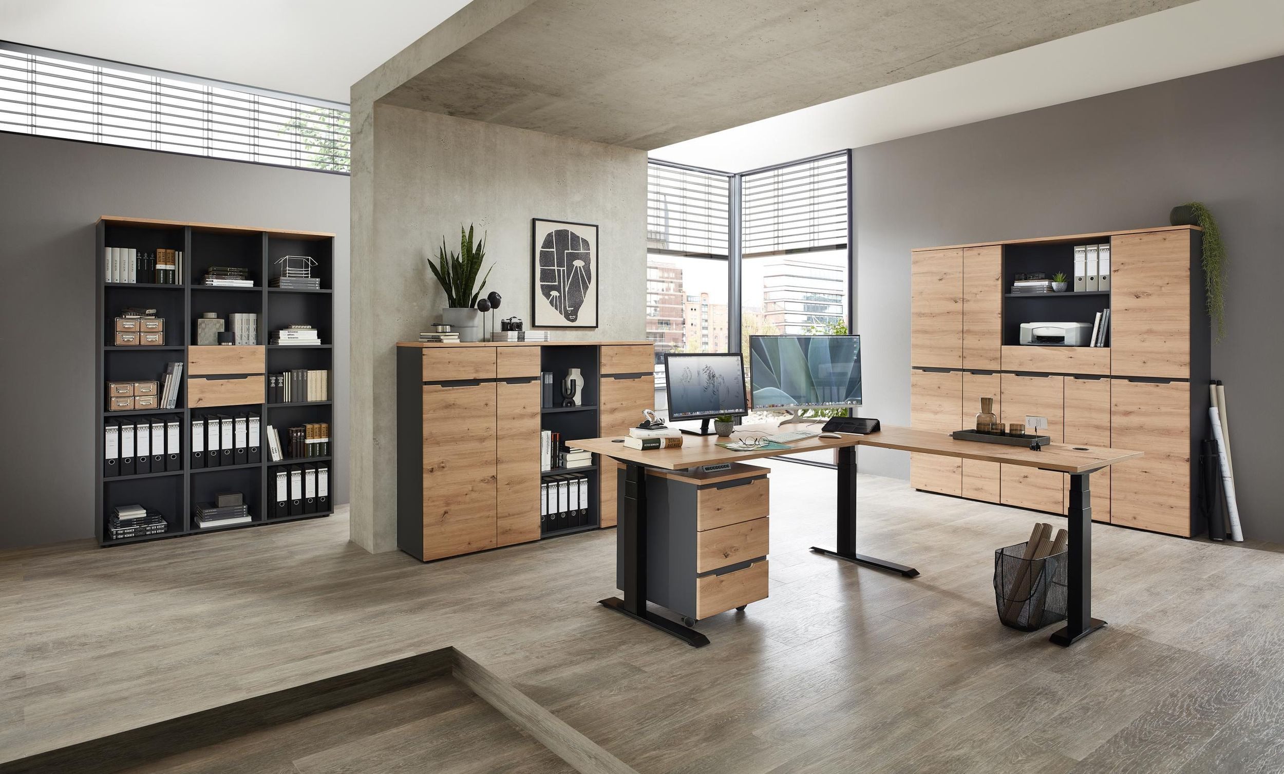 Innostyle Büromöbel-Set Komplettbüro MEMPHIS I 11-teilig Front Artisan Eiche Korpus Graphit, (Komplett-Set, 11-tlg., 5x Schrank, 4x Regal, 1x Schreibtisch, 1x Rollcontainer)