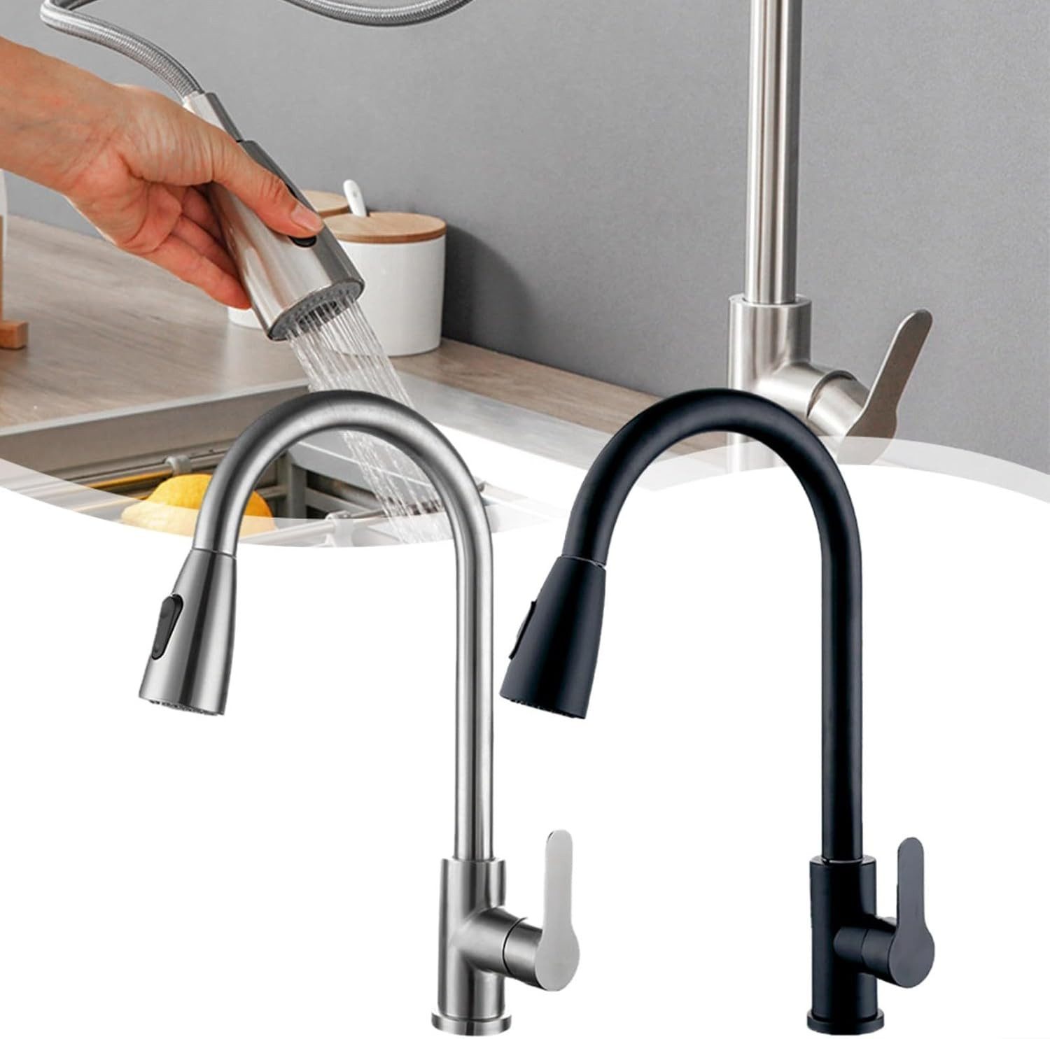 Faizee Home Küchenarmatur Armatur mit Ausziehbrause, Wave Schwarz & Chrom, 360° Drehbereich – Bild 5 von 5