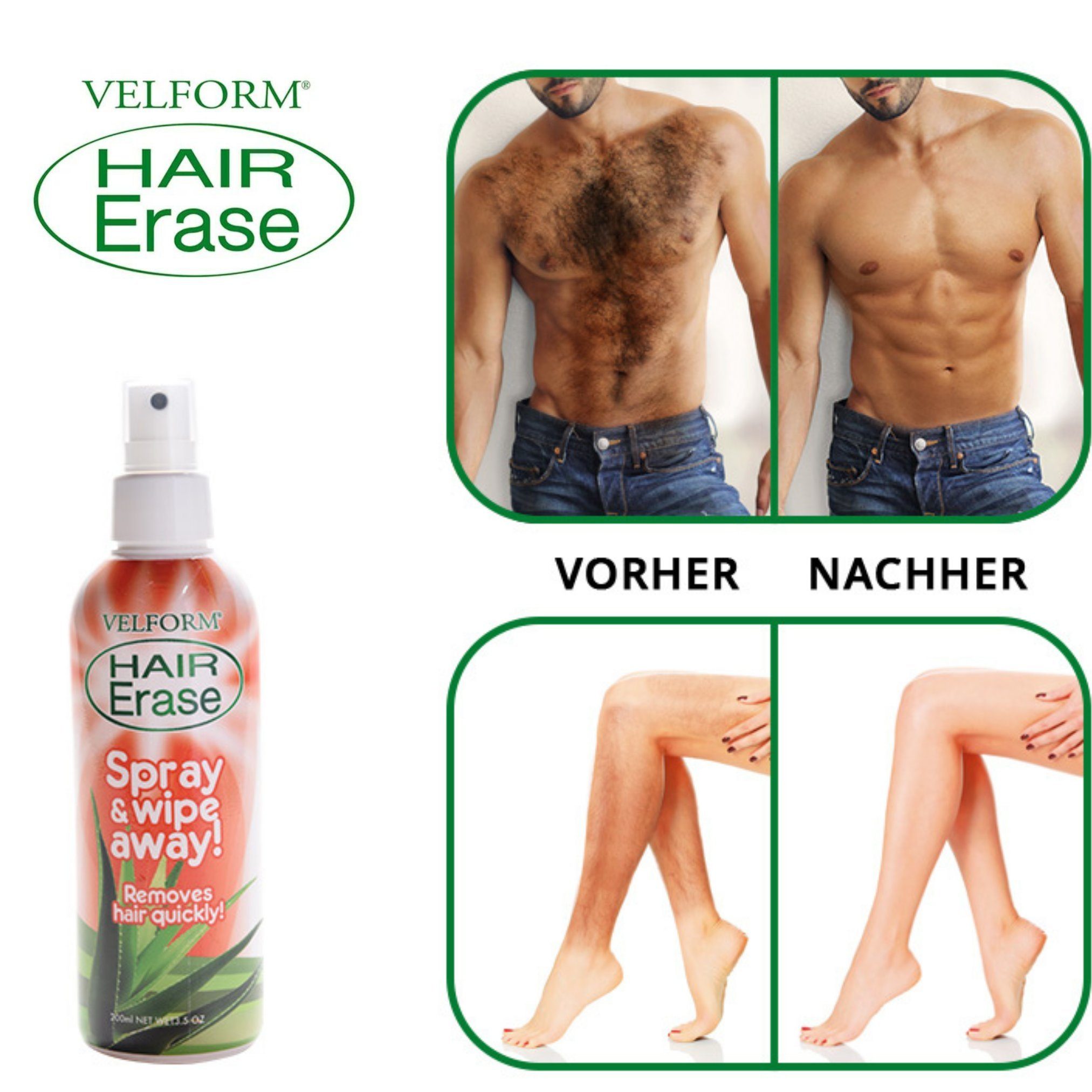 E, Aloe 2 Velform®️ Erase St., Orangenextrakt und Enthaarungsspray, Velform® Hair Vera mit Vitamin Zitrusfrüchten, Enthaarungscreme