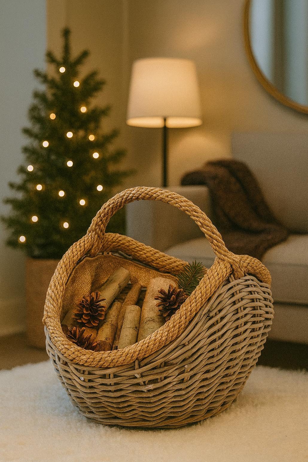 Kobolo Kaminholzkorb Holztrage aus Rattan in kubu grey mit Jutestoff günstig online kaufen