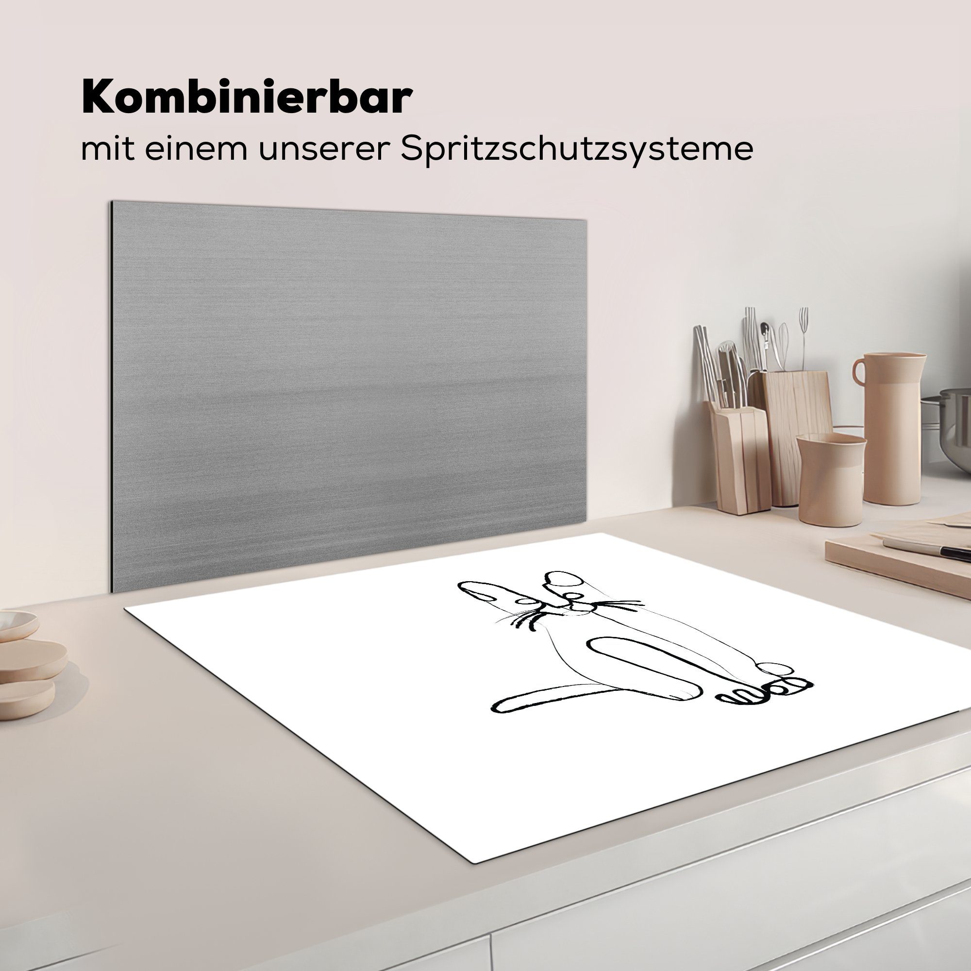 küche Katze 78x78 Strichzeichnung (1 Ceranfeldabdeckung, für Tiere, MuchoWow Herdblende-/Abdeckplatte Arbeitsplatte - - tlg), Vinyl, cm,