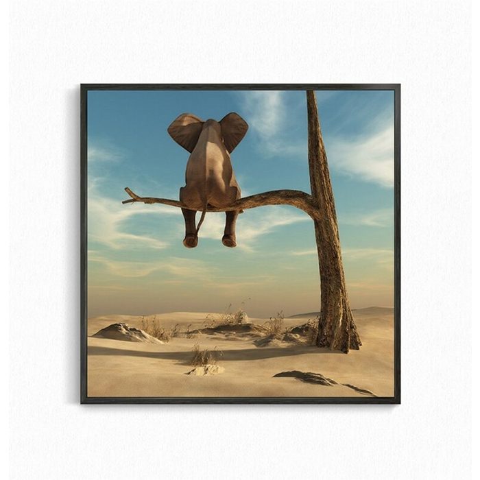 TPFLiving Kunstdruck (OHNE RAHMEN) Poster - Leinwand - Wandbild Lustiger Elefant macht Pause auf dem Baum - in braun blau und beige (Verschiedene Größen) Farben: Leinwand bunt - Größe: 30x30cm
