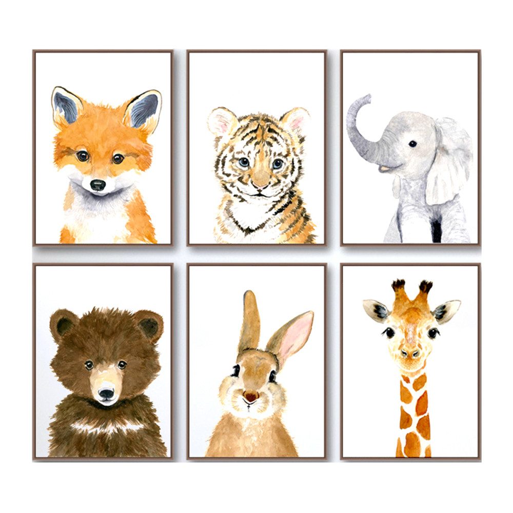 Pippolipo Bild Poster Kinderzimmer Deko Babyzimmer Wohnzimmer A4, (6er Set Kinderposter Kinderbilder Tiere), Tiermotive Waldtiere für Kinder Junge Mädchen, Modell A4P3
