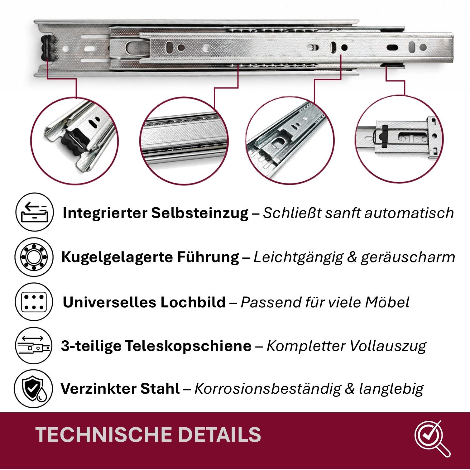 HOOZ Auszug Schubladenschienen 250mm Kugellager Teleskopschiene bis 30kg 1 Paar (1-teiliges Set, 1 St., 1 Paar (2 Schienen) für 1 Schublade), Kugelgelagerter Vollauszug mit Selbsteinzug und Aushängesicherung