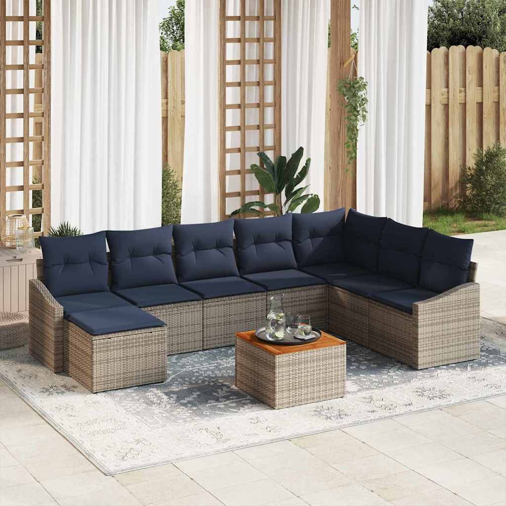 vidaXL Gartenlounge-Set Gartensofa-set 9 pcs Grau und Marineblau Poly-Rattan, (9-tlg)