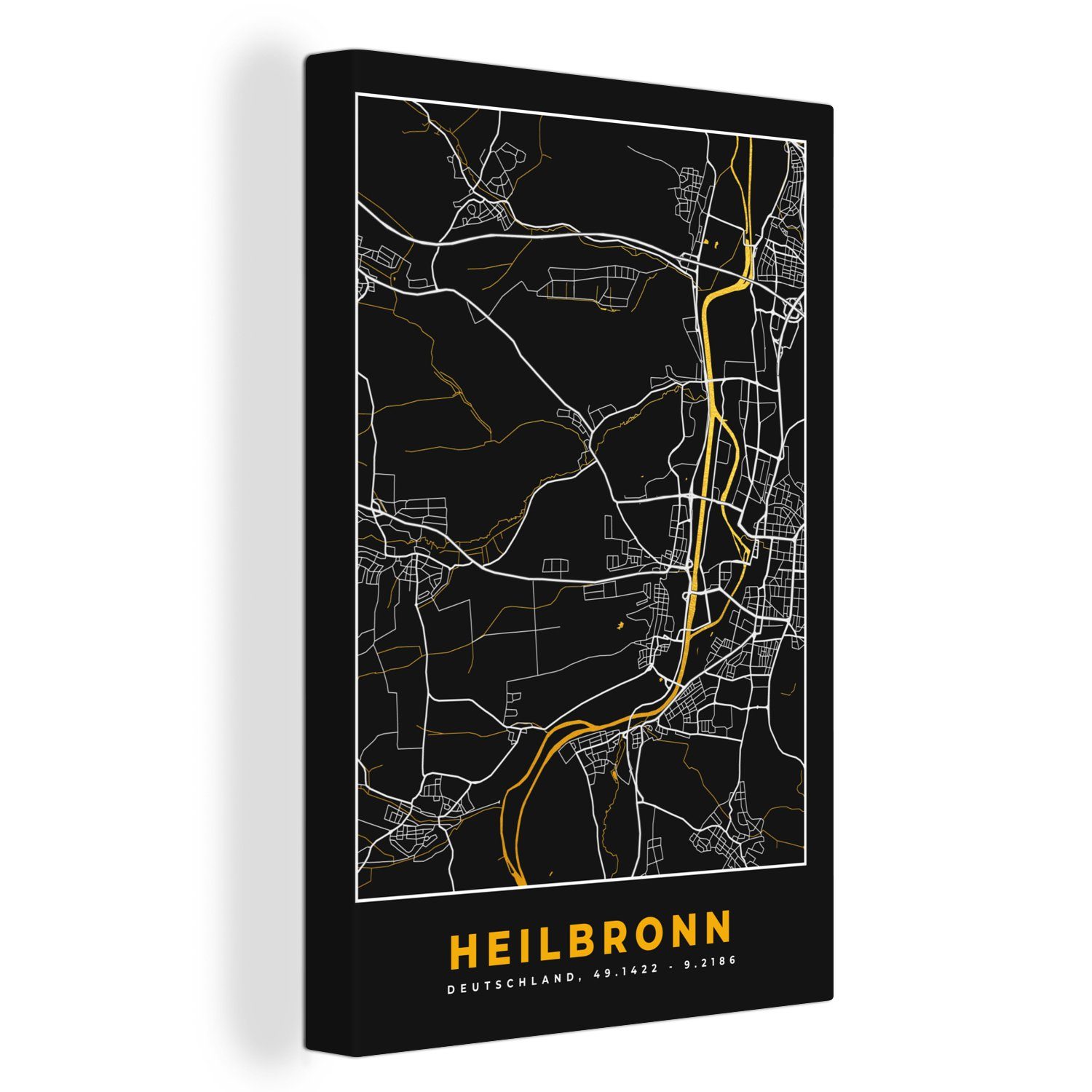 OneMillionCanvasses® Leinwandbild Heilbronn - Stadtplan - Karte - Deutschland - Gold, (1 St), Leinwandbild fertig bespannt inkl. Zackenaufhänger, Gemälde, 20x30 cm
