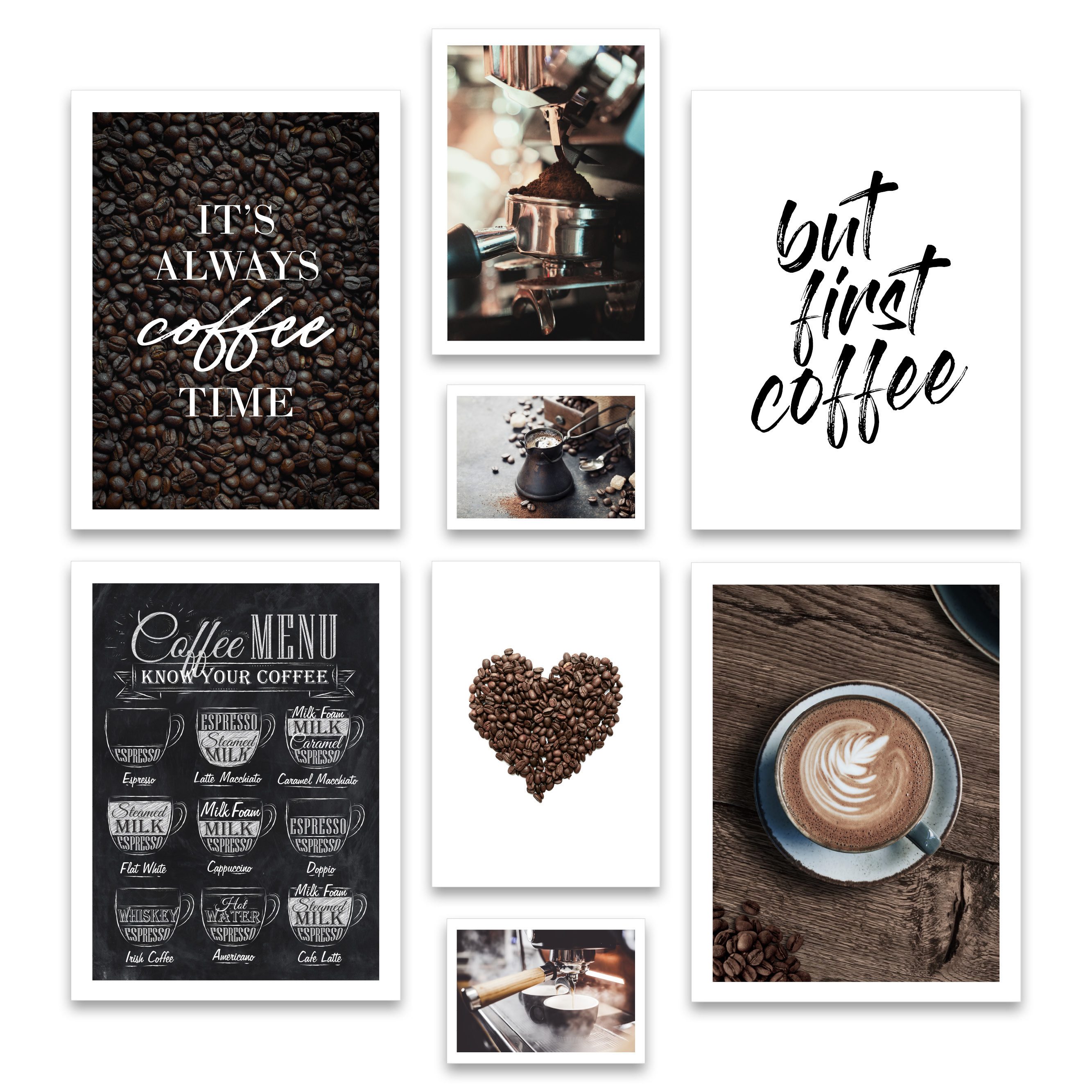 ARTFAVES Bilder-Collage Poster Set - COFFEE LOVE I Kaffee Küche Braun I Deko, (Wandbilder modern, 8 St), verschiedene Größen im Set