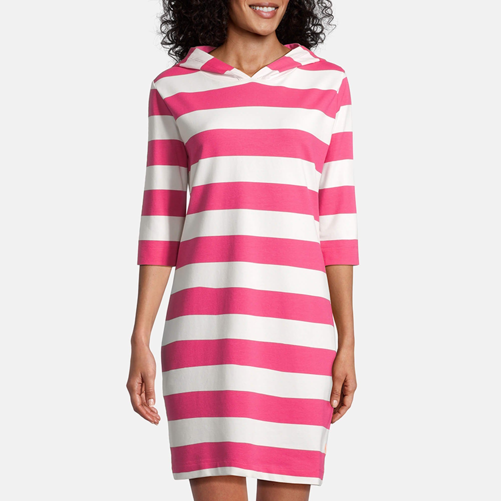 salzhaut Shirtkleid Damen Hoodie-Kleid Kapuzenkleid pink offwhite 3/4-Arm Block-Streifen Löövstick 