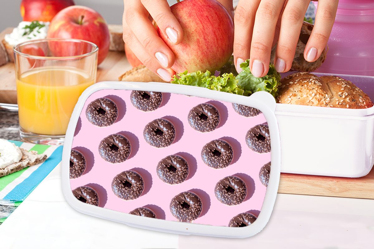 und Kunststoff, Brotbox Mädchen auf Erwachsene, weiß MuchoWow (2-tlg), für für Jungs Lunchbox Kinder Hintergrund, rosa Schokoladendonuts Brotdose, und