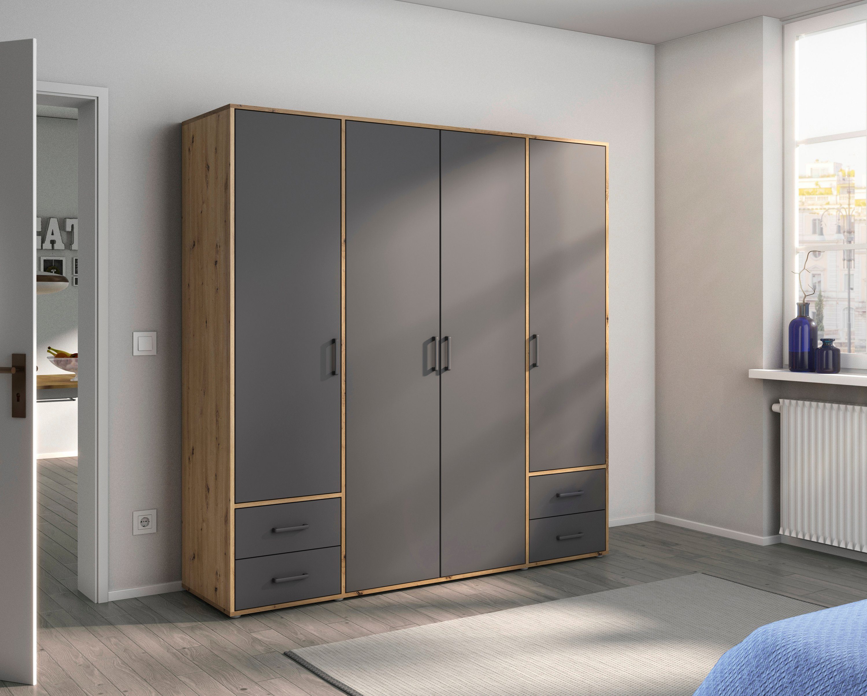 rauch Drehtürenschrank Kleiderschrank Schrank Garderobe Wäscheschrank VOYAGER (in 3 verschiedenen Ausstattungen BASIC/CLASSIC/PREMIUM) mit 2 modernen Griffvarianten, mit Außenschubladen MADE IN GERMANY