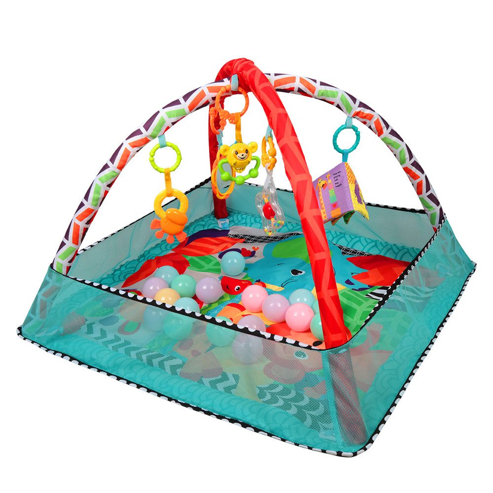 JEOBEST Spielbogen Krabbeldecke, Spieldecke mit Bällebad, Padded Mat for Newborns, mit Spielzeug und 18 Bälle