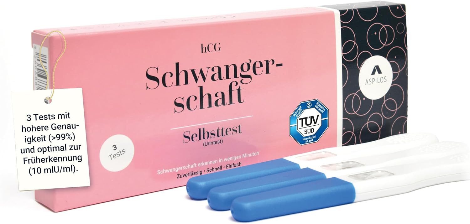 ASPILOS Schwangerschaftstest hCG Selbsttest für Zuhause in 5 Minuten - 3er Set, zuverlässig & präzise 3-St., Urin-Test, Labor-Qualität, medizinischer Test