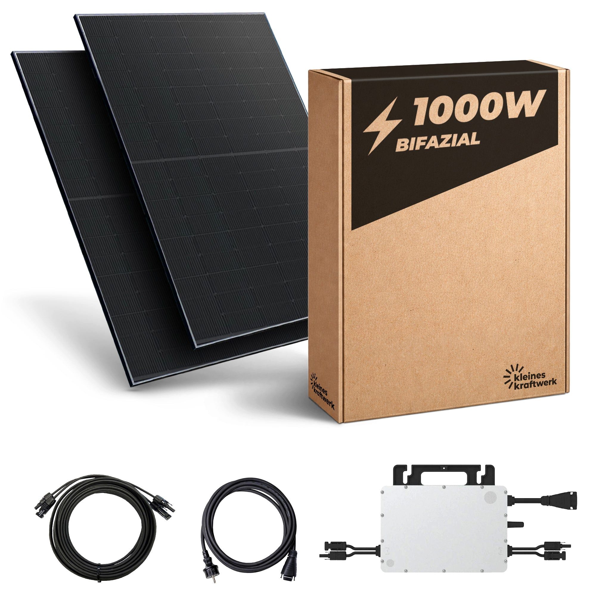 Kleines Kraftwerk Balkonkraftwerk, 1000 W, Monokristallin, (ohne Halterung), 2 x 500W, Wechselrichter, Stromanschlusskabel, Solarverlängerungskabel