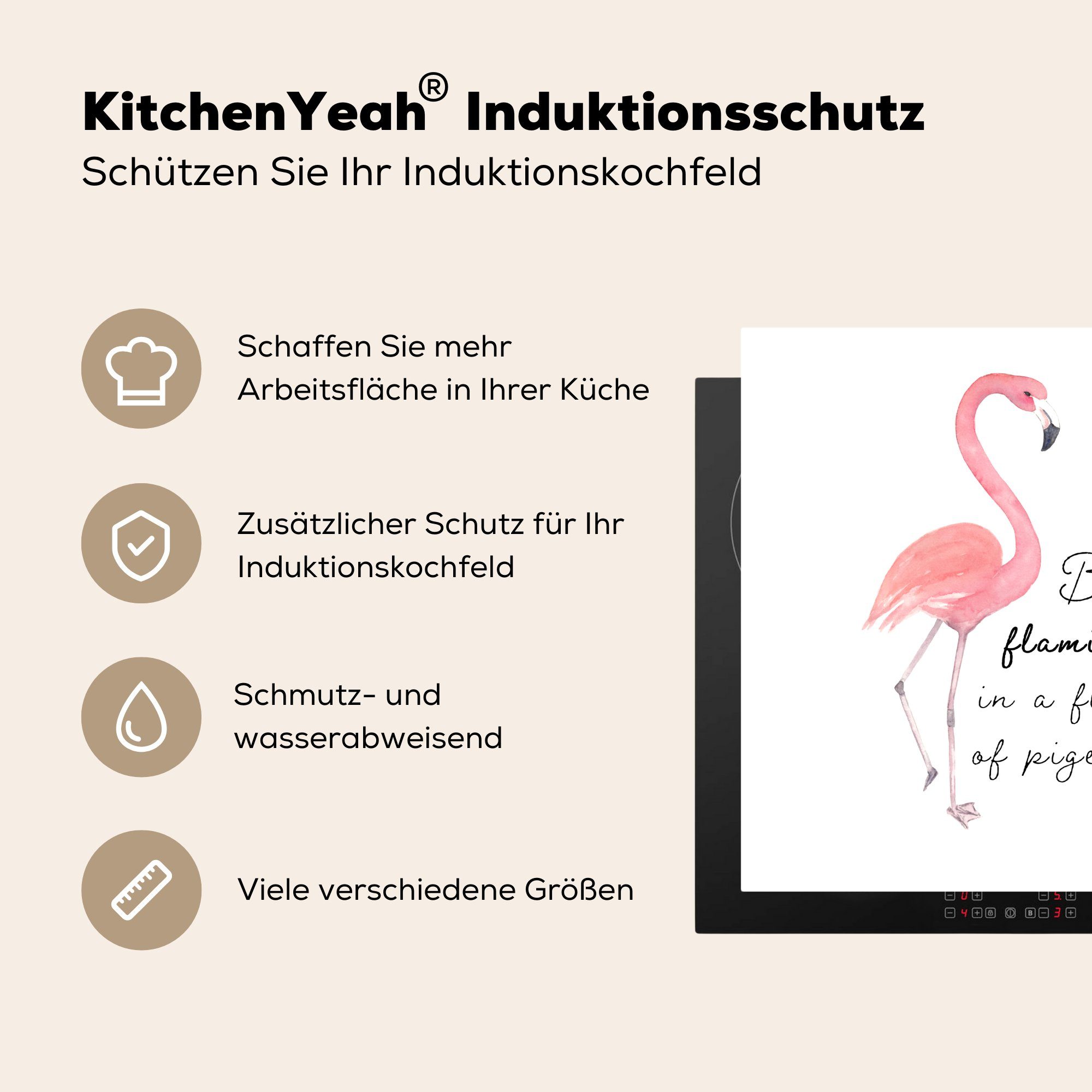 küche Herdblende-/Abdeckplatte 78x78 MuchoWow (1 - Arbeitsplatte Flamingo Briefe cm, - Zitate, Vinyl, tlg), für Ceranfeldabdeckung,