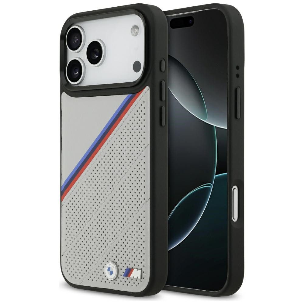 BMW Handyhülle Case iPhone 17 Pro Max MagSafe Kunstleder grau Tricolor Logo Metall 6,9 Zoll, Kantenschutz