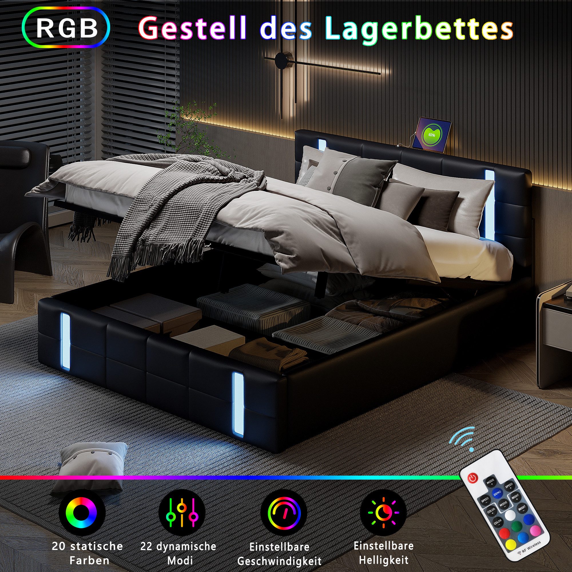 FUROKOY Polsterbett Doppelbett Stauraumbett mit Ladefunktion(2 günstig online kaufen